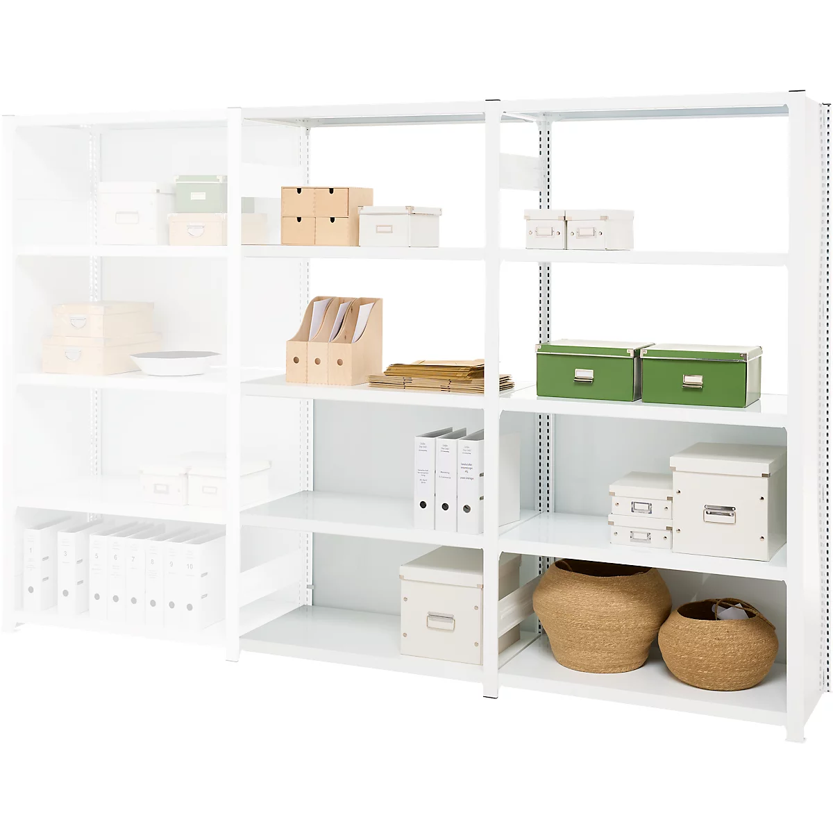 Rayonnage emboîtable ORDO Professional, rayonnage annexe, modulaire, 5 tablettes, charge admissible par tablette 140 kg, charge admissible par élément 1200 kg, L 1010 x P 535 x H 2000 mm, acier, blanc trafic RAL 9016