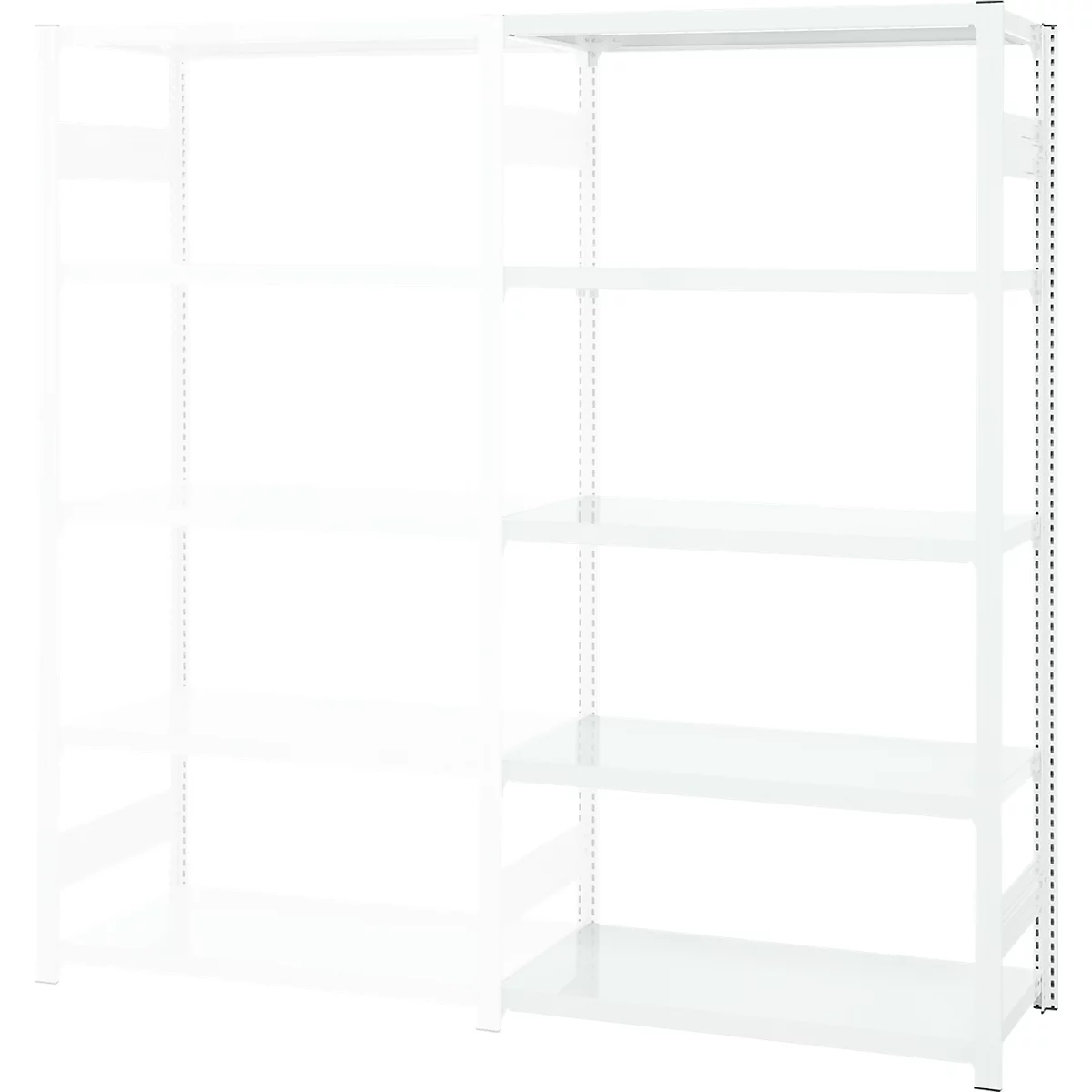 Rayonnage emboîtable ORDO Professional, rayonnage annexe, modulaire, 5 tablettes, charge admissible par tablette 140 kg, charge admissible par élément 1200 kg, L 1010 x P 535 x H 2000 mm, acier, blanc trafic RAL 9016