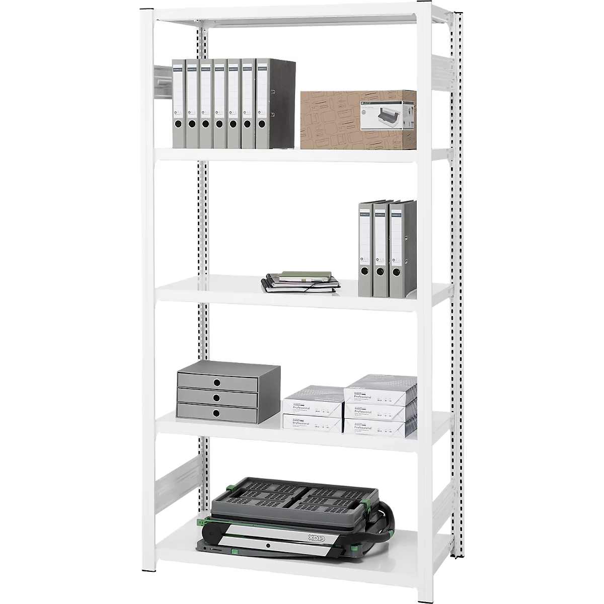 Rayonnage emboîtable ORDO Professional, rayonnage de base, modulaire, 5 tablettes, charge admissible par tablette 140 kg, charge admissible par élément 1200 kg, L 1060 x P 435 x H 2000 mm, acier, blanc trafic RAL 9016
