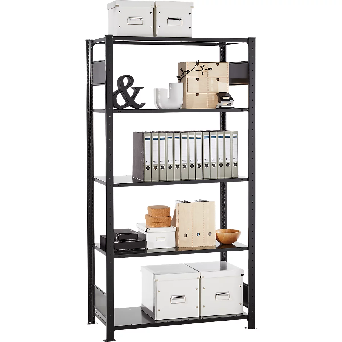 Rayonnage emboîtable Schulte Lagertechnik MULTIplus 150, rayonnage de base avec traverses de longueur, 5 tablettes réglables en hauteur, jusqu'à 1300 kg, L 1000 x P 500 x H 2000 mm acier, noir