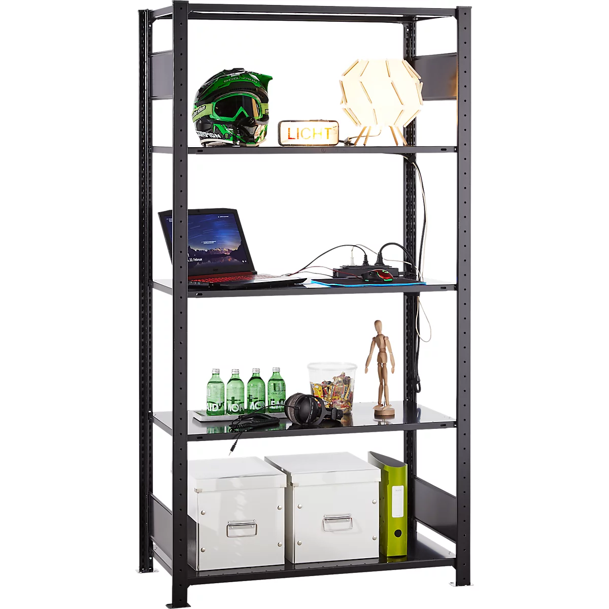 Rayonnage emboîtable Schulte Lagertechnik MULTIplus 150, rayonnage de base avec traverses de longueur, 5 tablettes réglables en hauteur, jusqu'à 1300 kg, L 1000 x P 500 x H 2000 mm acier, noir