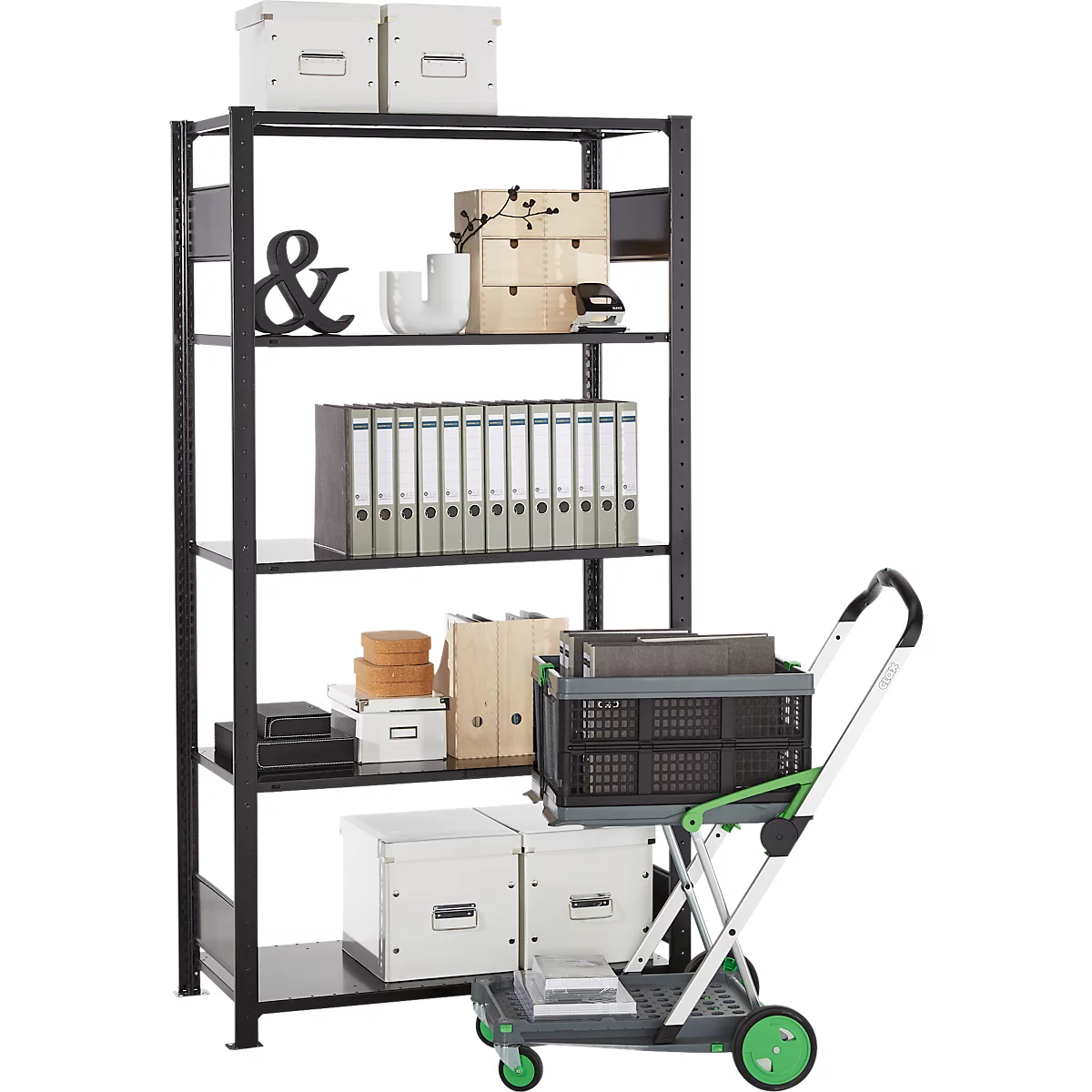 Rayonnage emboîtable Schulte Lagertechnik MULTIplus 150, rayonnage de base avec traverses de longueur, 5 tablettes réglables en hauteur, jusqu'à 1300 kg, L 1000 x P 500 x H 2000 mm acier, noir