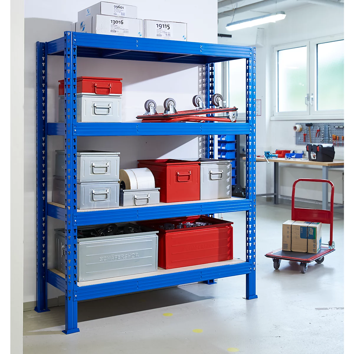 Rayonnage longue portée - module de base - l. 1600 x P 600 x H 2000 mm - 4 étagères - capacité de charge par étagère 500 kg - laqué époxy - bleu ciel RAL 5015