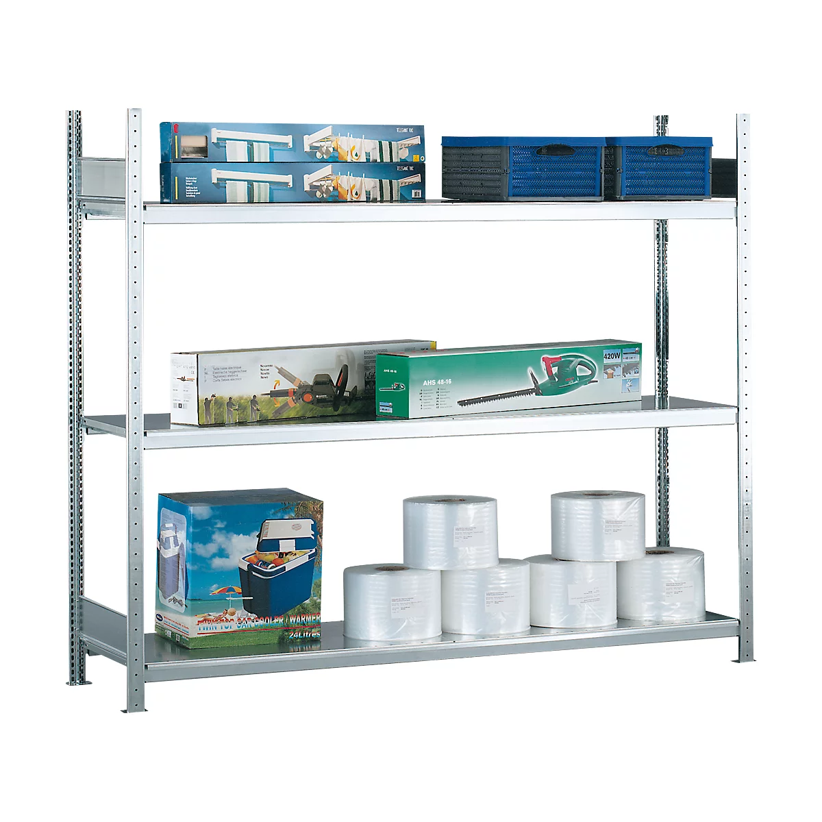 Rayonnage longue portée WS 2000 - l. 1500 x P 600 x H 2000 mm - 3 étagères - capacité de charge par étagère 400 kg- acier -galvanisé