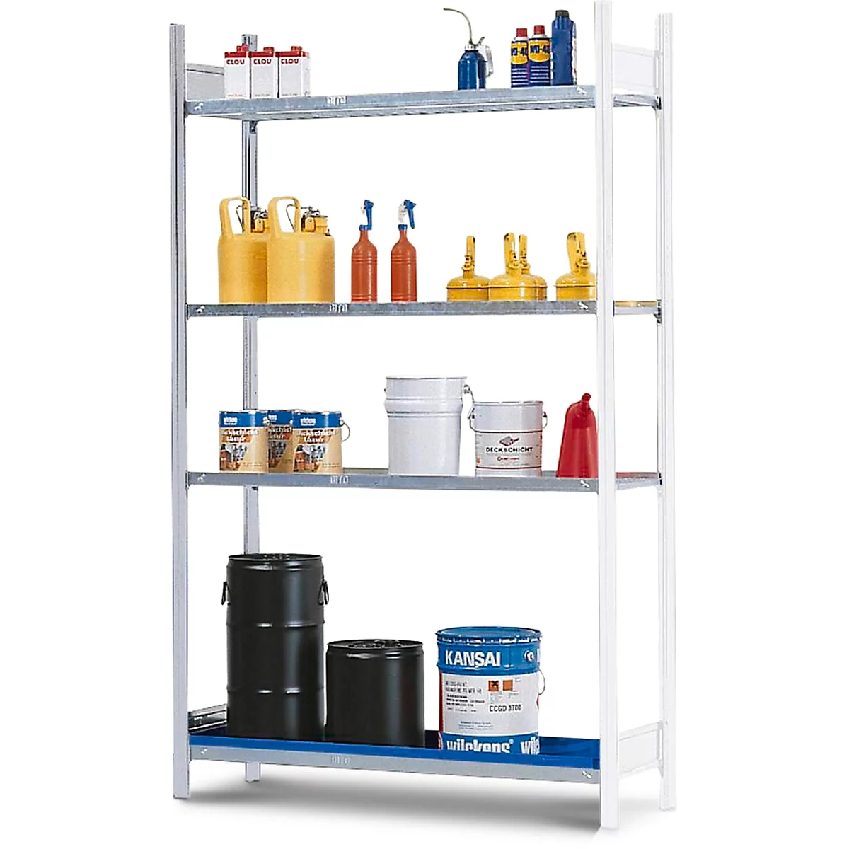 Rayonnage supplémentaire REG 1364 pour le rayonnage pour produits dangereux asecos REG 1372, L 1310 x P 640 x H 2000 mm, avec bac de rétention de 40 l et 3 étagères en treillis métallique