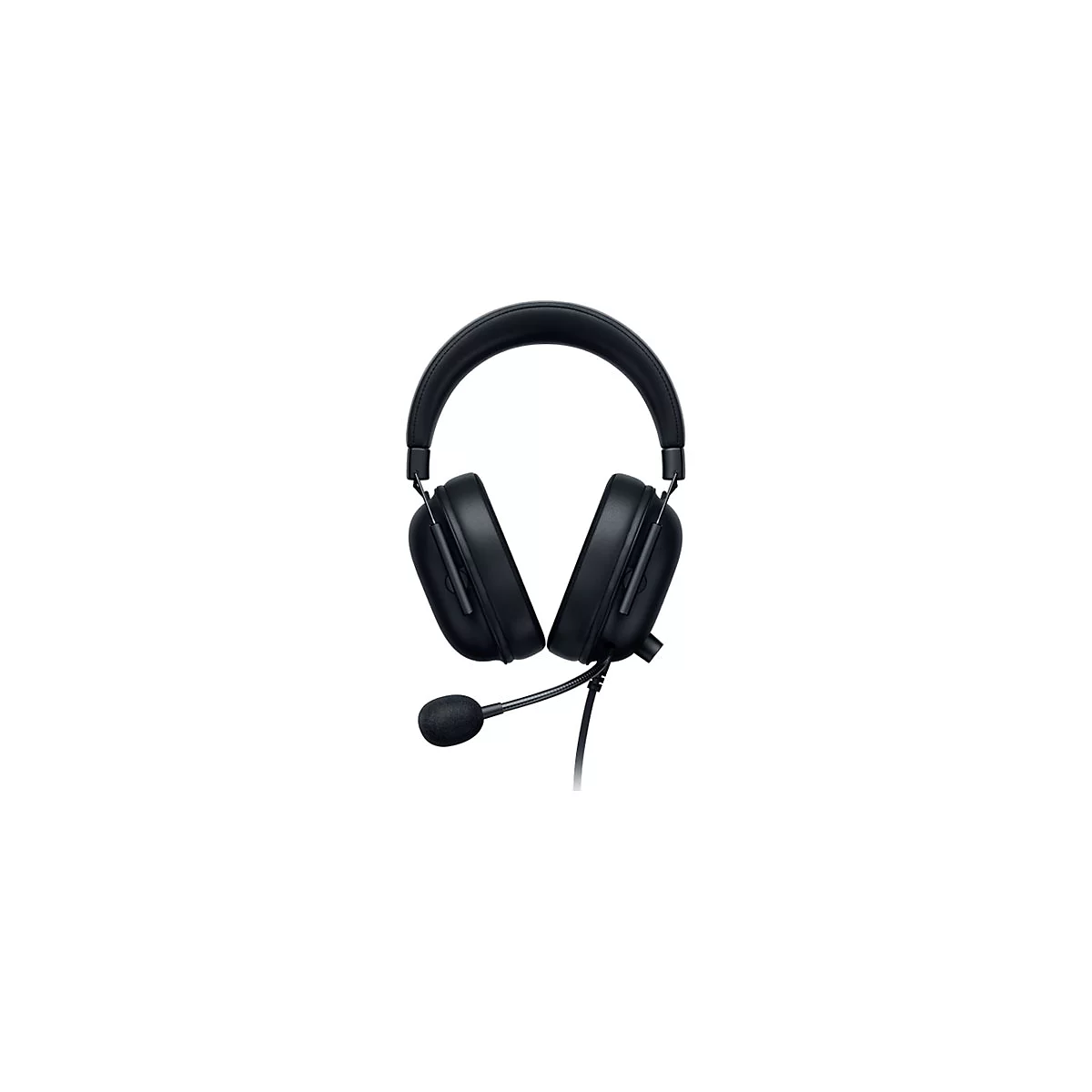 Schwarzes Headset, Mikrofon an der linken Ohrmuschel, auf weiÃŸem Hintergrund.