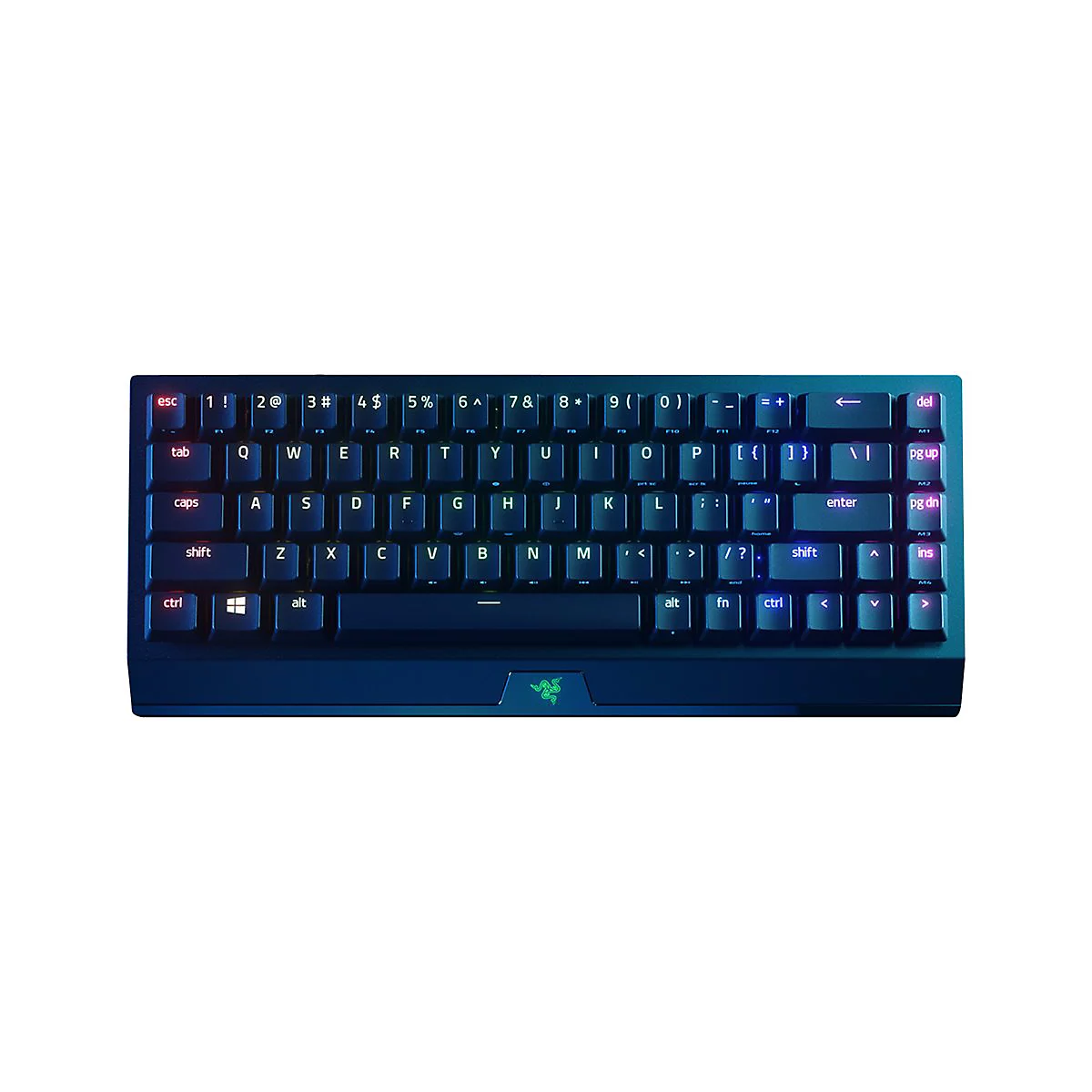 Schwarze Gaming-Tastatur mit beleuchteten Tasten. Das Razer-Logo ist unten mittig zu sehen.