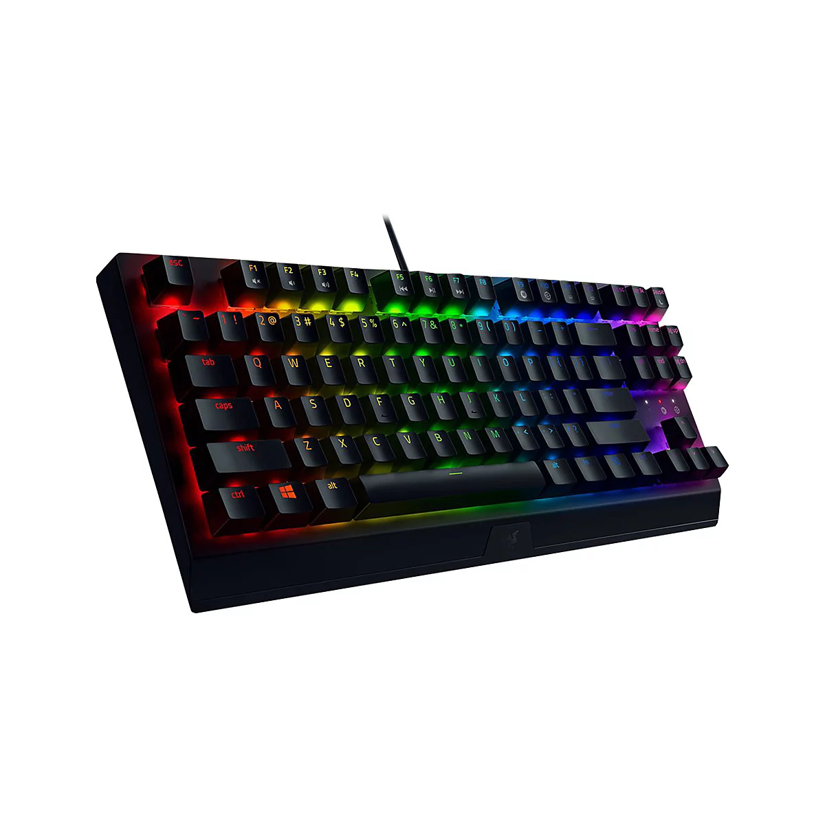 Schwarze mechanische Razer-Tastatur mit mehrfarbiger RGB-Beleuchtung. Die Tasten sind beleuchtet. Das Razer-Logo ist deutlich zu sehen.