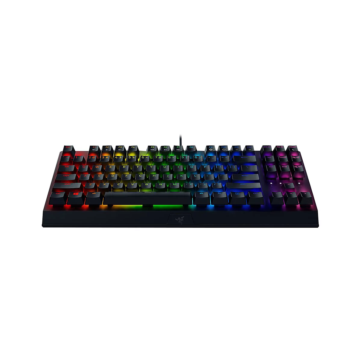 Schwarze Gaming-Tastatur mit farbiger RGB-Beleuchtung. Alle Tasten leuchten in verschiedenen Farben.