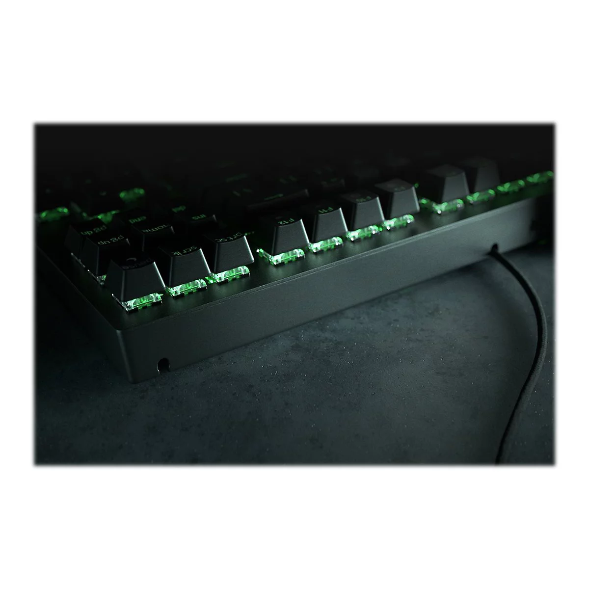 Detailaufnahme einer schwarzen Tastatur mit grüner Hintergrundbeleuchtung. Die Tasten sind beleuchtet und ein Kabel ist zu sehen.