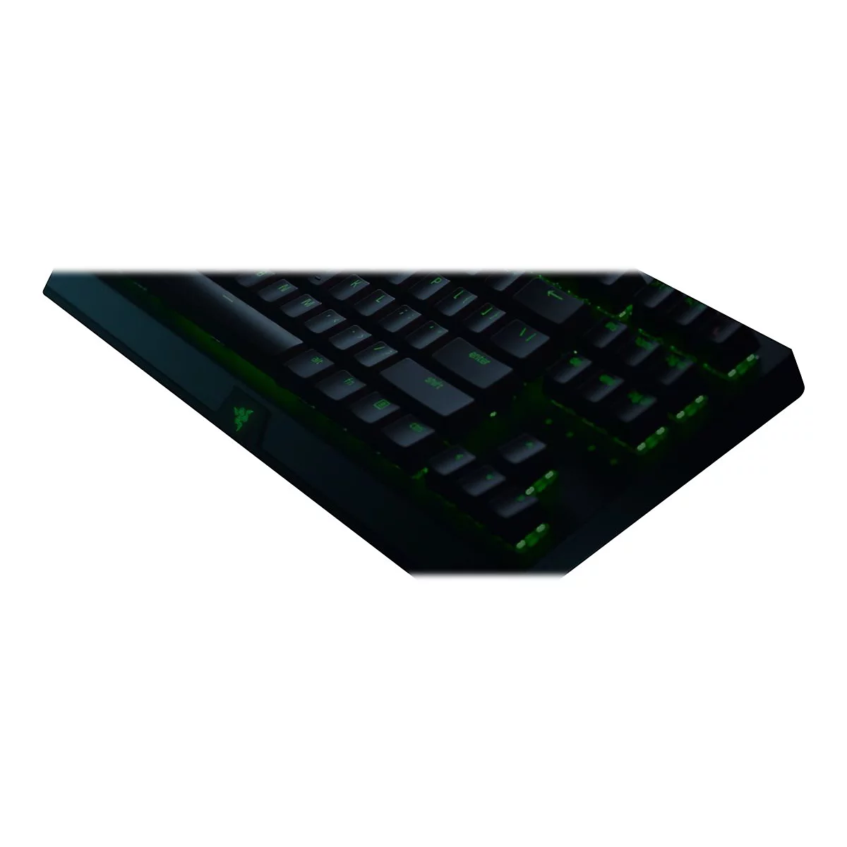 Schwarze Gaming-Tastatur, grün beleuchtet. Razer-Logo. Tasten mit grüner Schrift. Enter-Taste deutlich sichtbar.