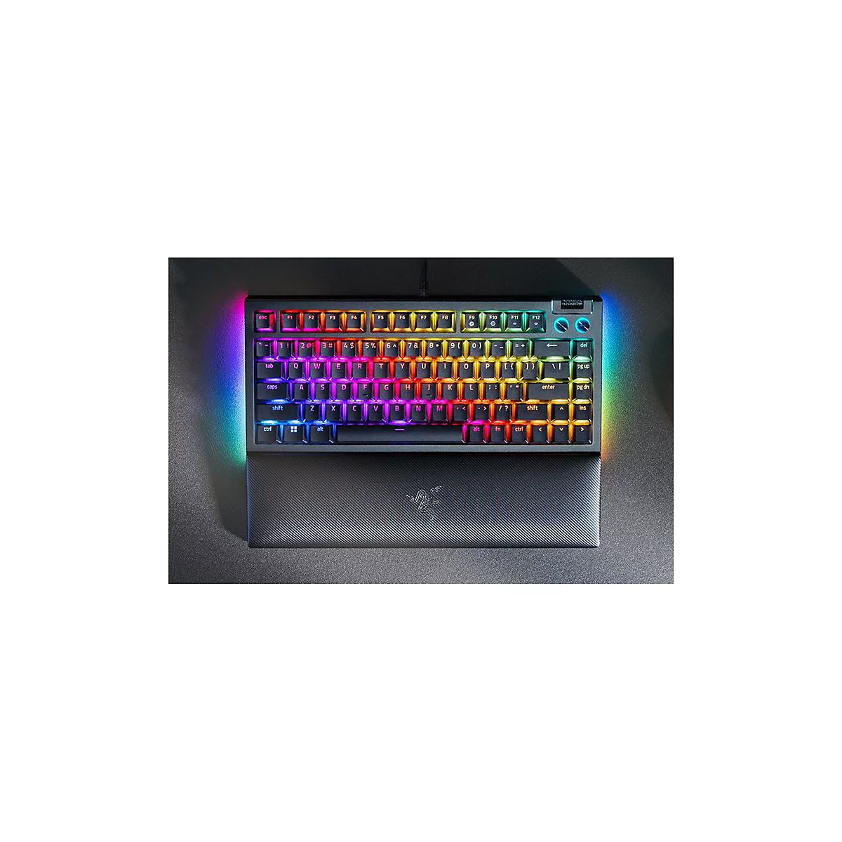Draufsicht einer beleuchteten mechanischen Tastatur mit Handauflage. Die Tasten sind in Regenbogenfarben beleuchtet, das Razer-Logo ist erkennbar.