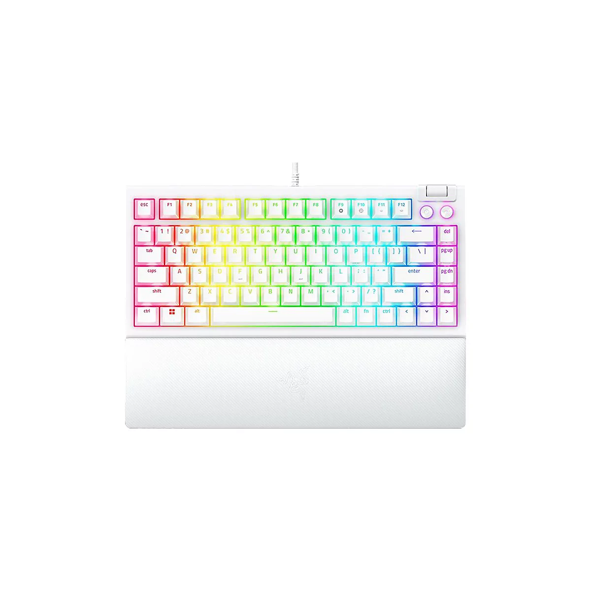 WeiÃŸe Gaming-Tastatur mit mehrfarbiger Beleuchtung und Handgelenkauflage.