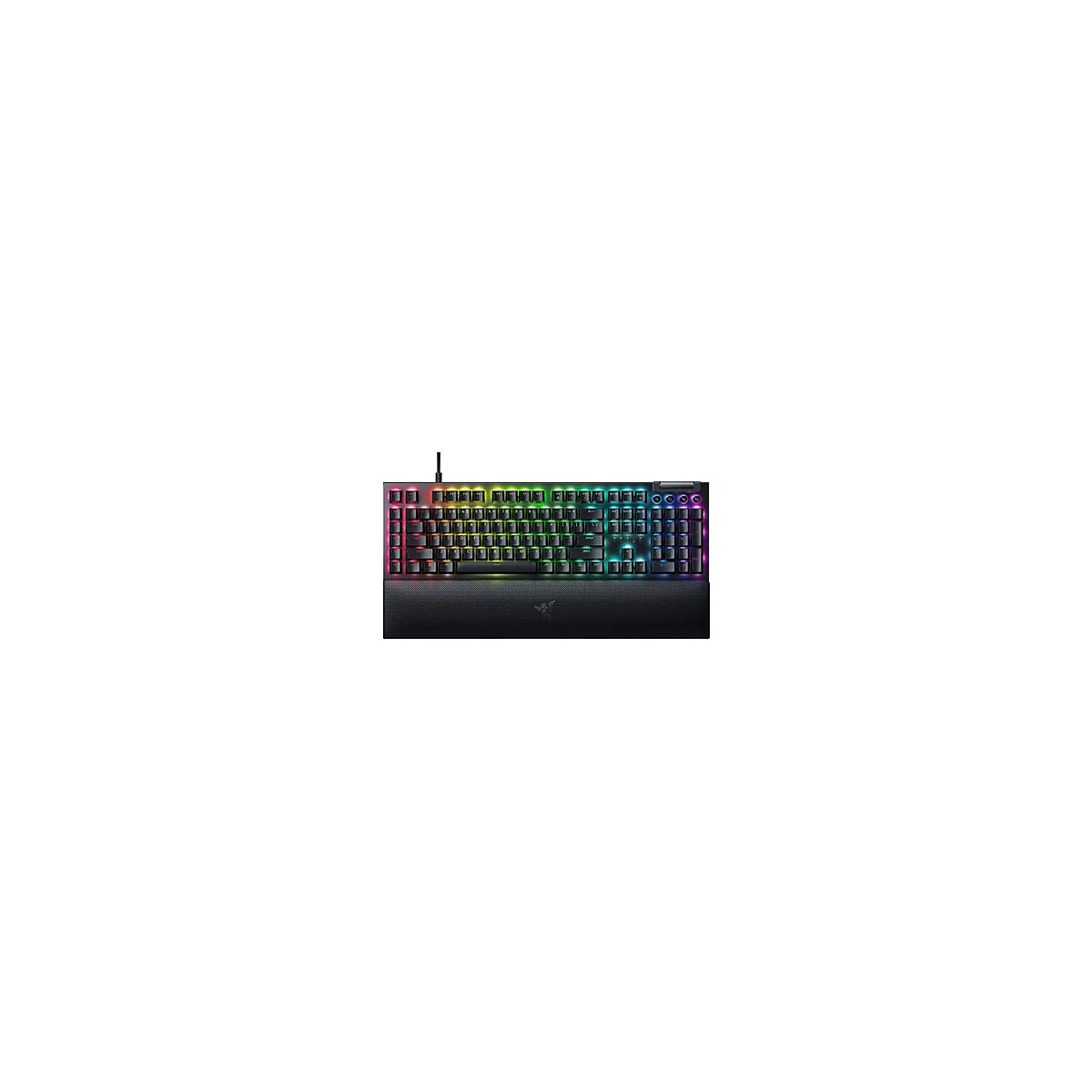 Schwarze Gaming-Tastatur mit farbiger Beleuchtung. Auf dem Handgelenkhalter steht das Razer-Logo.