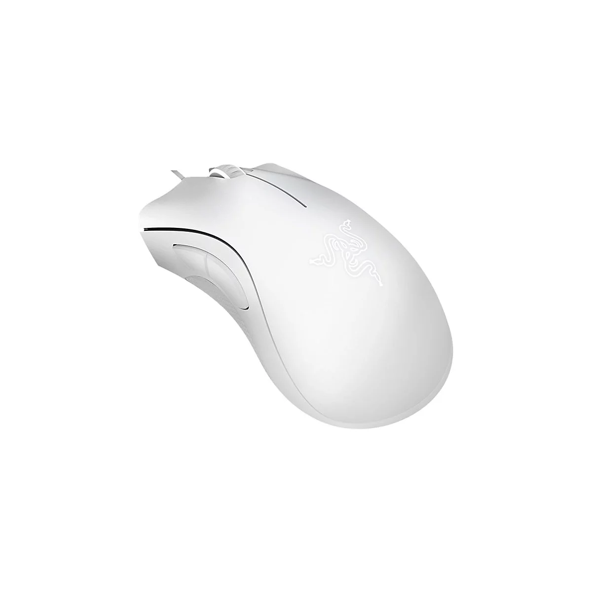 Weisse Gaming-Maus, seitlich zwei Tasten, Razer-Logo.