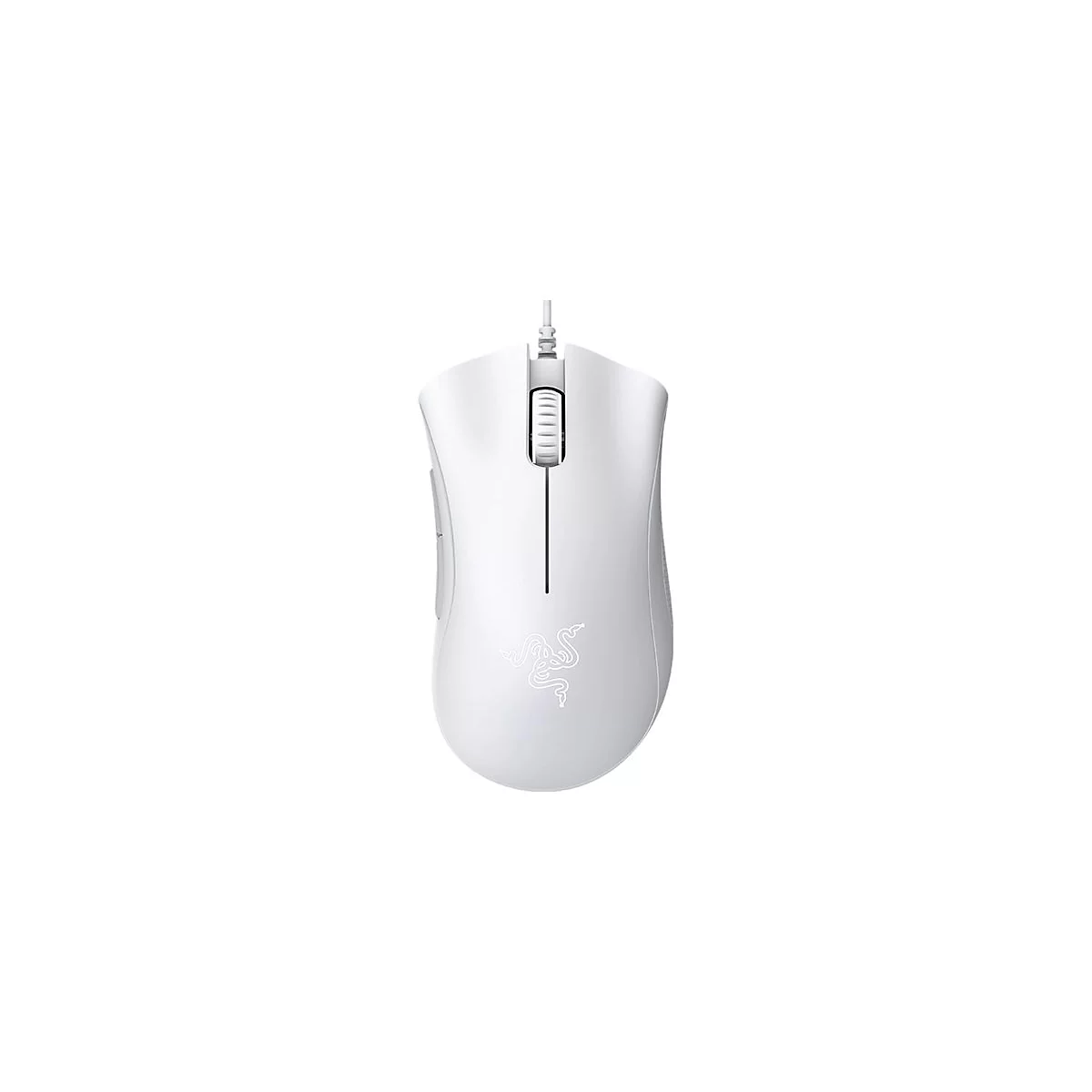 Weisse Gaming-Maus mit Razer-Logo auf weißem Hintergrund.