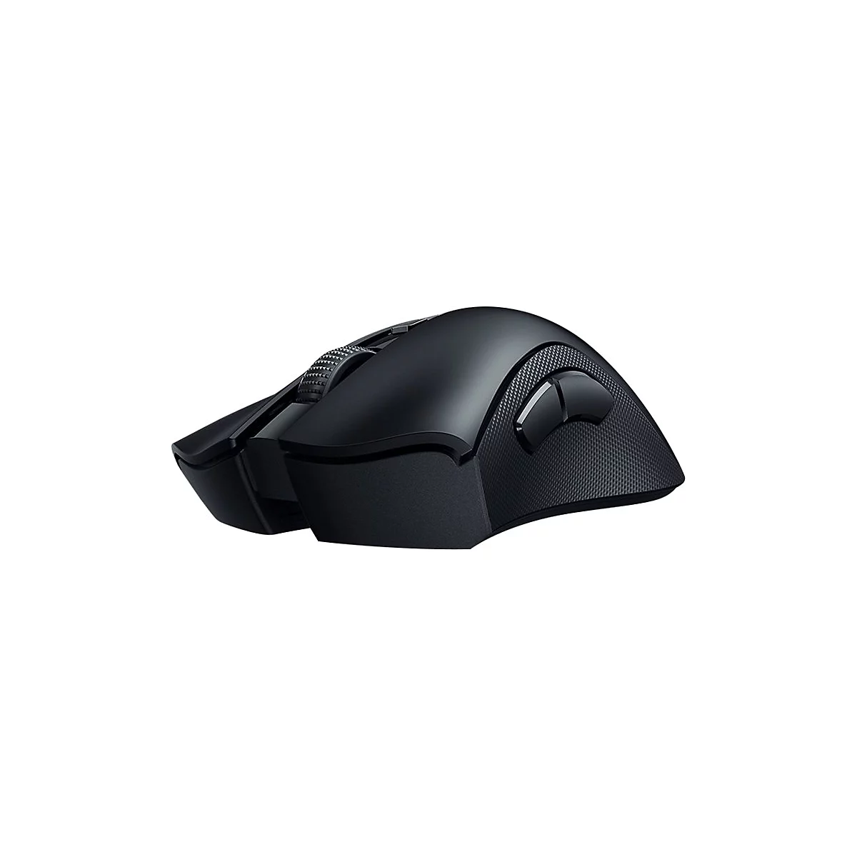 Schwarze Gaming-Maus mit seitlichen Tasten, Scrollrad und einem strukturierten Gehäuse. Die Maus ist auf weißem Hintergrund abgebildet.