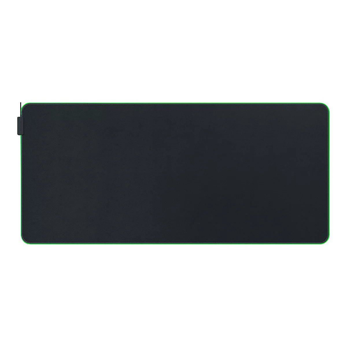 Rechteckiges, schwarzes Mauspad mit leuchtend grünem Rand und einem kleinen Razer-Logo auf der linken Seite.