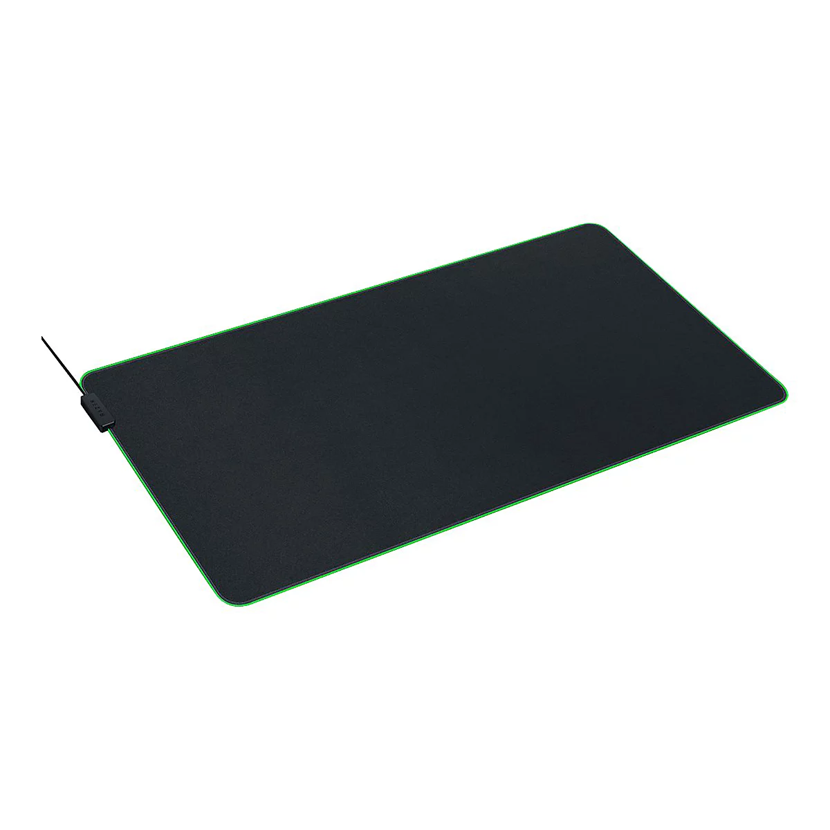 Schwarzes rechteckiges Gaming-Mauspad mit leuchtend grünem Rand und angeschlossenem USB-Kabel.