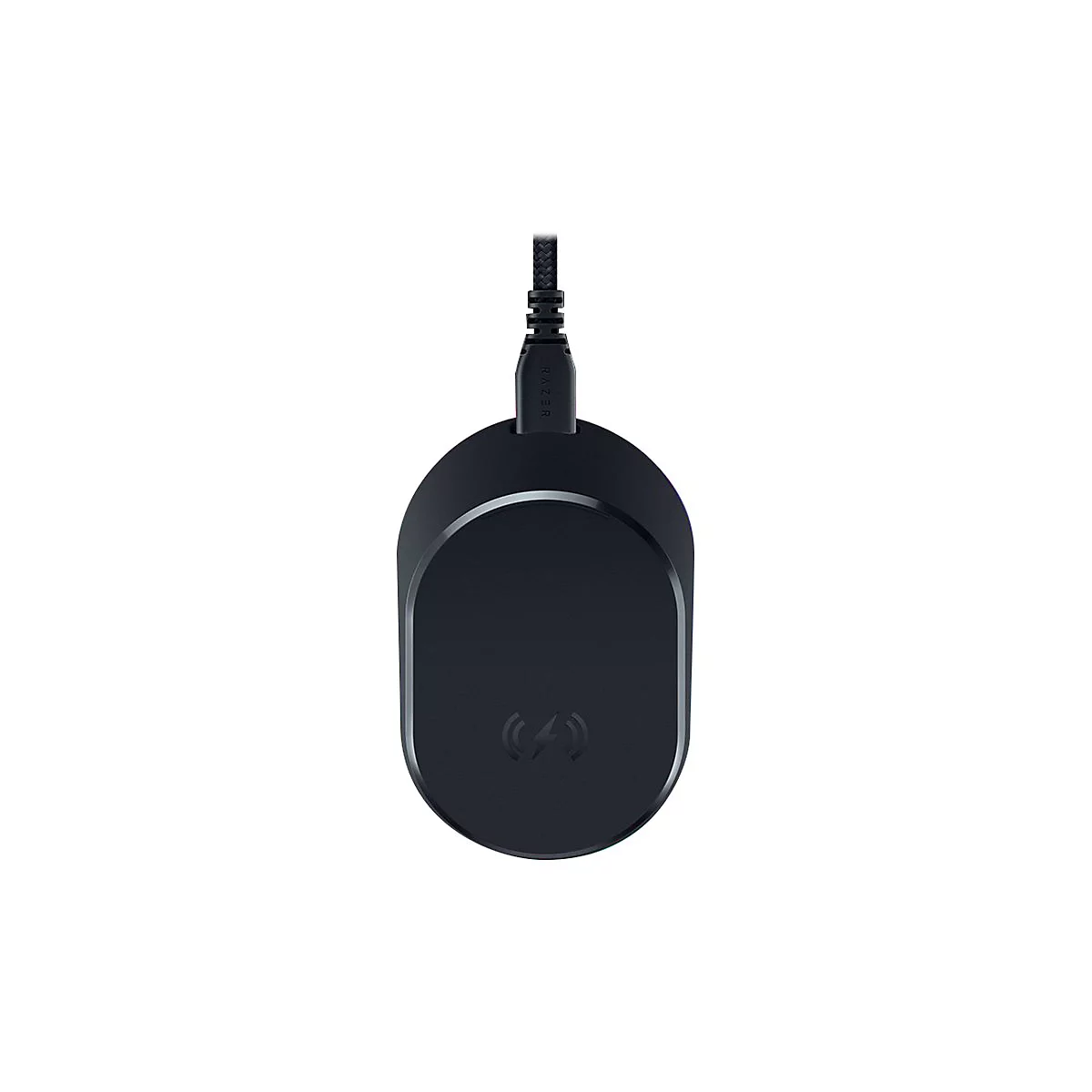 Drahtloses Ladegerät von Razer, schwarz. Oval, mit Razer-Logo und eingestecktem USB-Kabel.