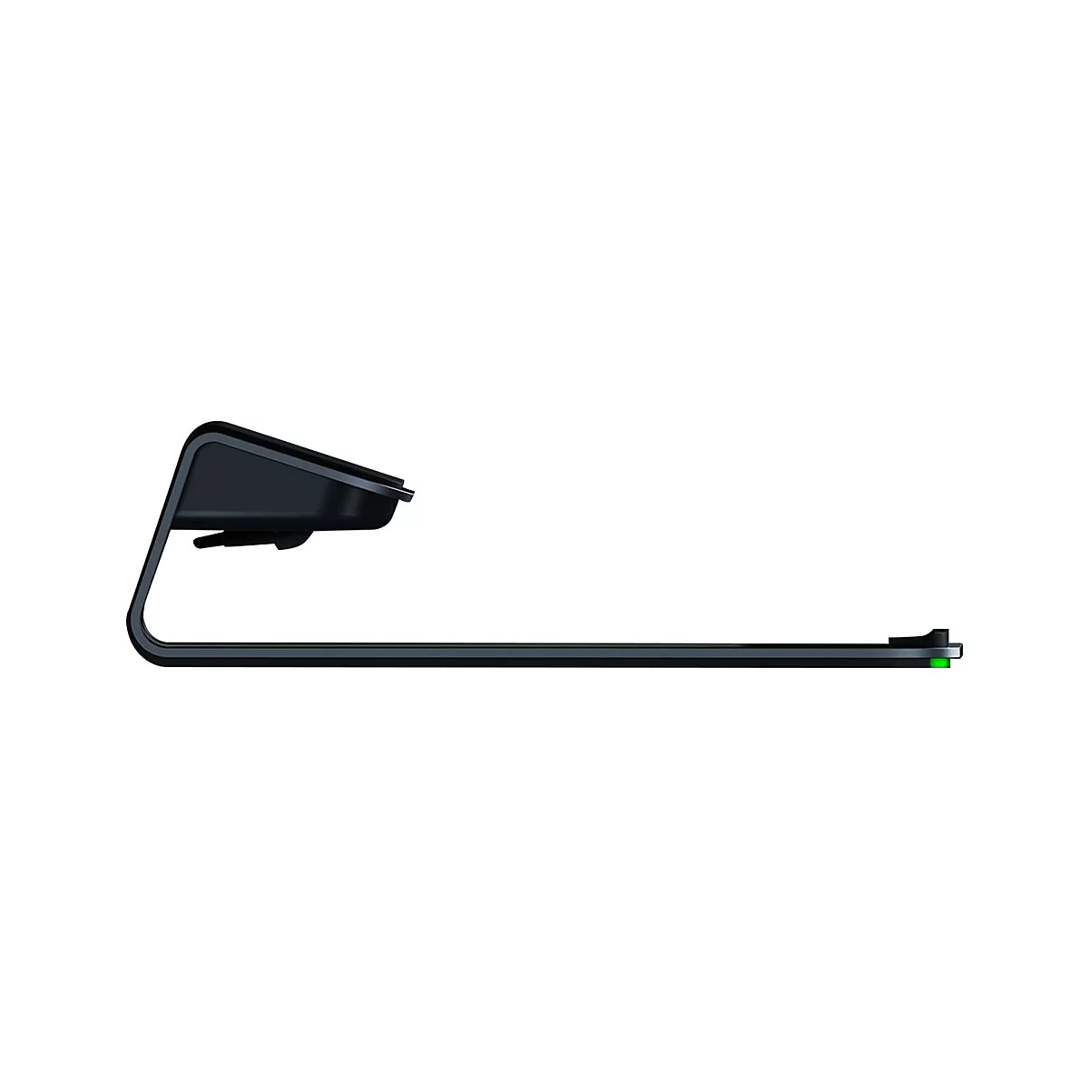 Schwarzes, geschwungenes Gaming-Headset-Ladegerät im Profil; grünes Licht am Ende.