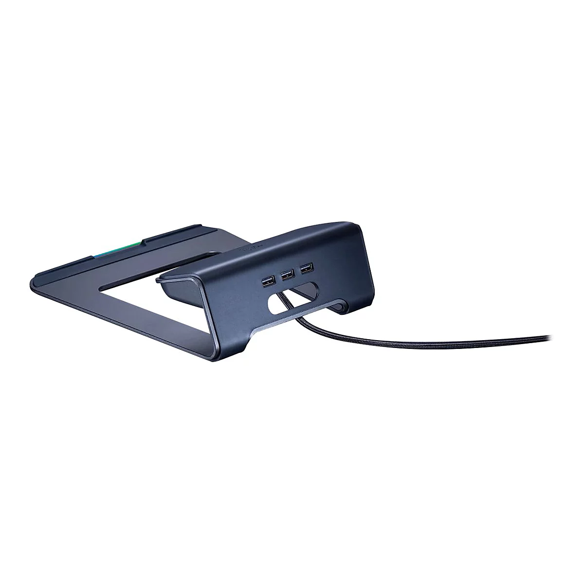 Dunkelgraue Laptop-Dockingstation mit USB-Anschlüssen und einem schwarzen geflochtenen Kabel.