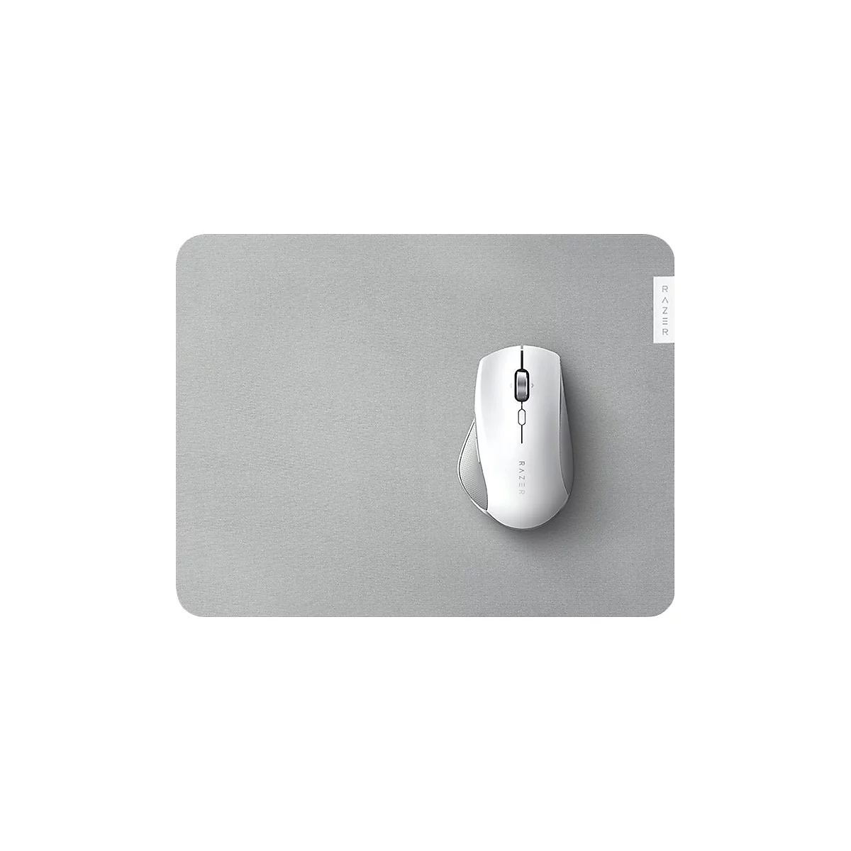 Graues Mauspad mit weiÃŸer Maus, Razer Logo sichtbar.