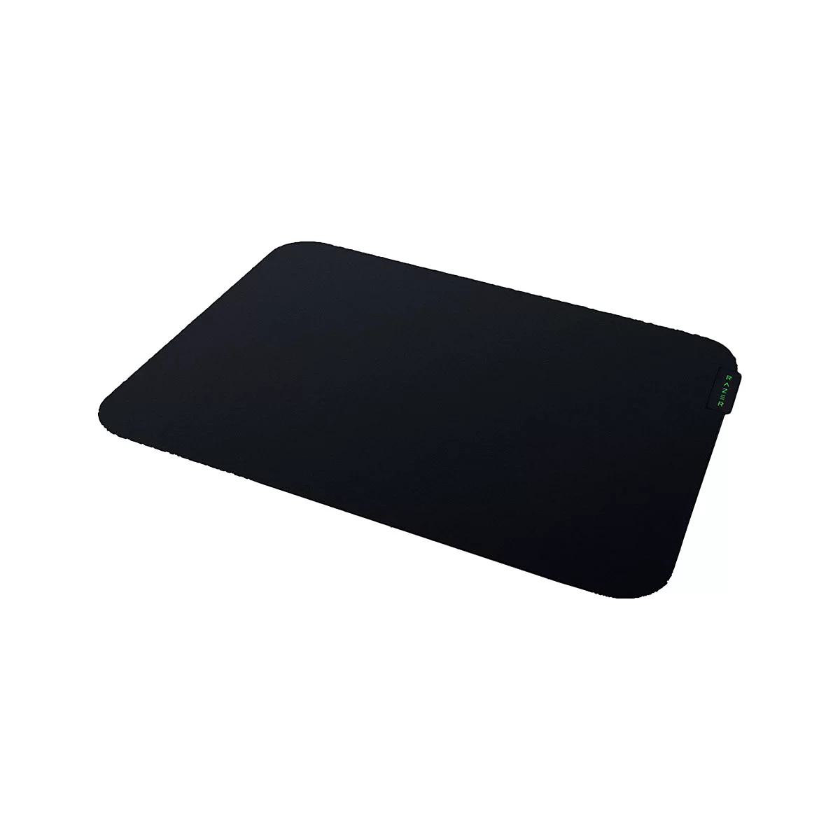 Schwarzes rechteckiges Gaming-Mauspad mit abgerundeten Ecken und grünem Razer-Logo-Label am rechten Rand.