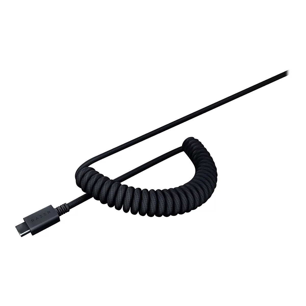 Schwarzes, ummanteltes Razer USB-C-Kabel mit Spirale vor weißem Hintergrund.