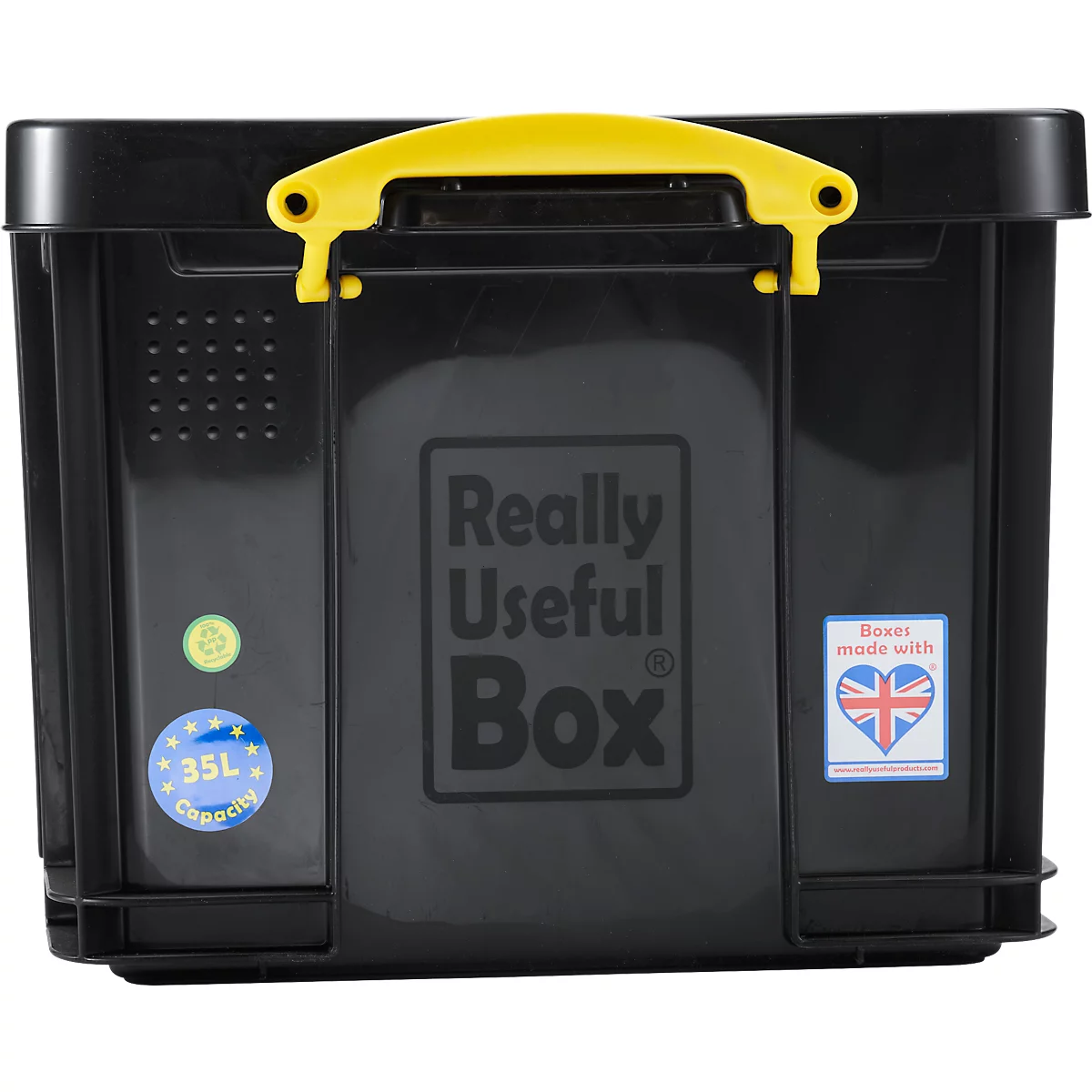 Really Useful Boxes Aufbewahrungsbox, 35L, schwarz, Griffe gelb