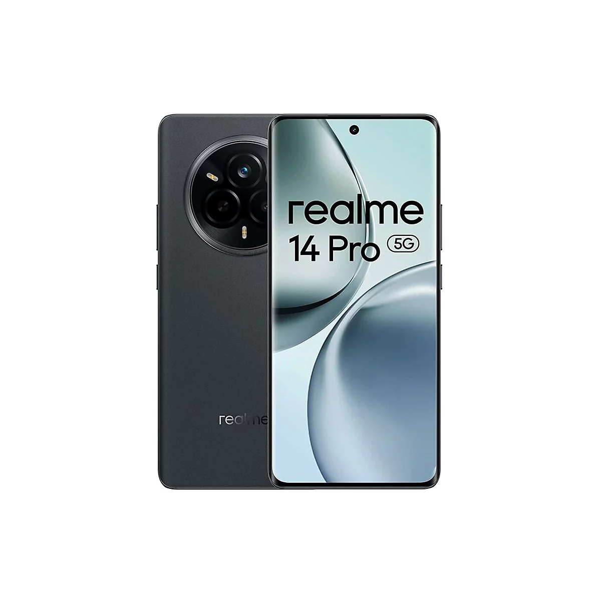 Dunkelgraues Smartphone Realme 14 Pro, Vorder- und Rückseite gezeigt.