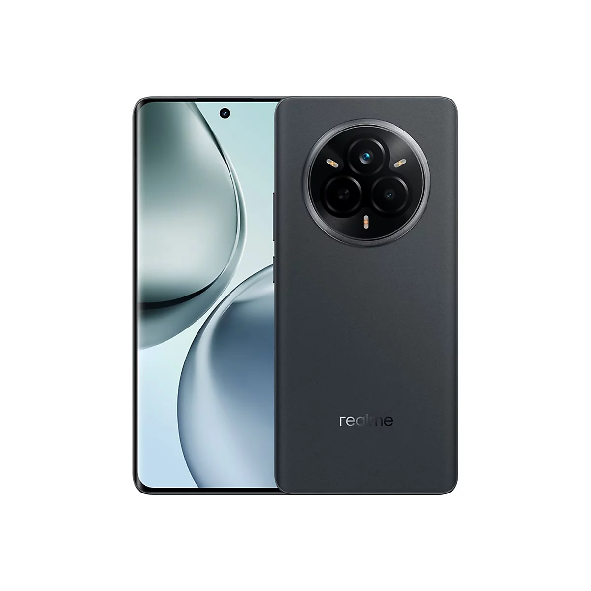 Dunkelgraues Smartphone mit kreisförmiger Kameraanordnung. Auf der Rückseite ist das Realme-Logo zu sehen.