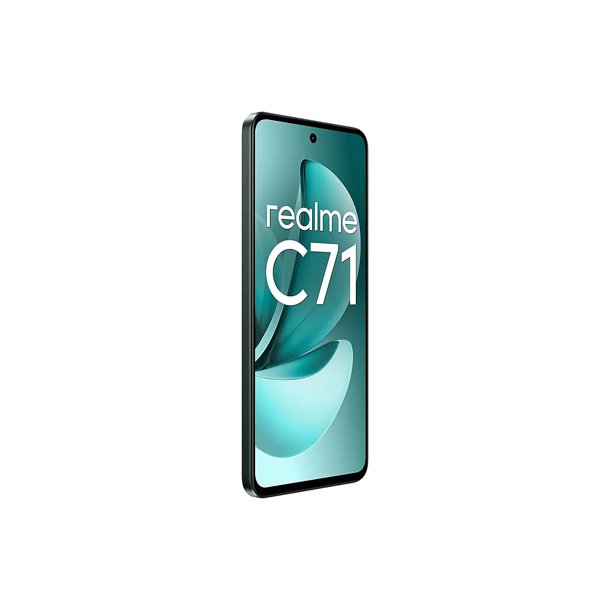 Schwarz gerahmtes Smartphone Realme C71, vor weißem Hintergrund. Der Bildschirm zeigt ein Muster aus grünen Farbtönen.
