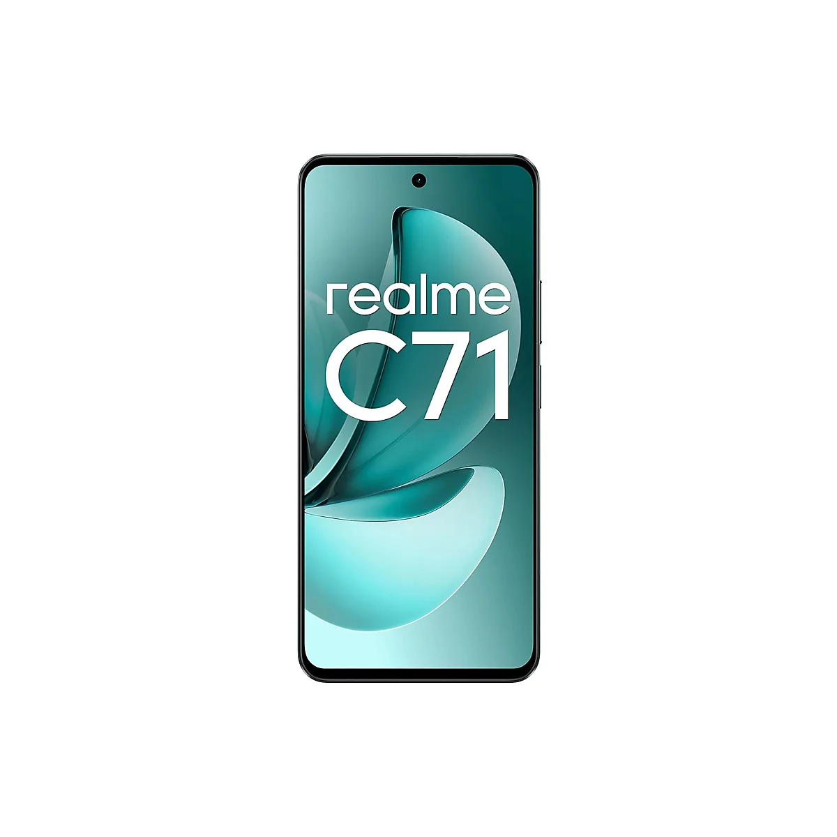 Frontansicht des realme C71 Smartphones mit grünem abstraktem Displayhintergrund vor weißem Hintergrund.