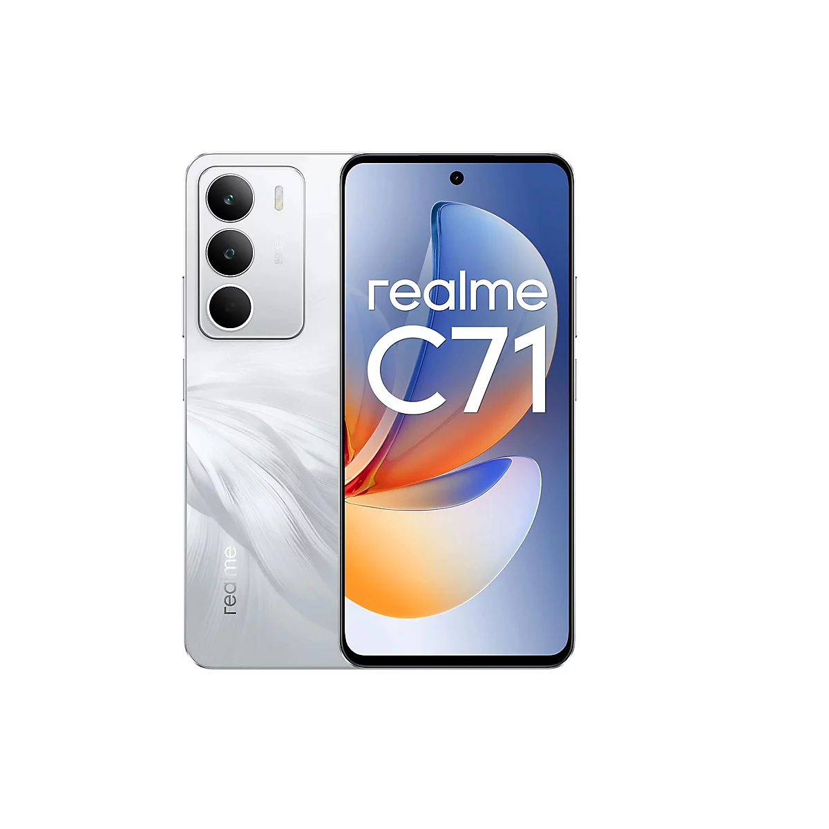Silbernes Smartphone mit dreifacher Kamera und Bildschirm mit Schriftzug "realme C71".
