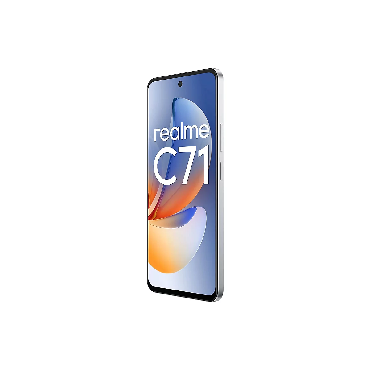 Ein Smartphone REALME C71, Silber, von vorn, auf weißem Hintergrund. Der Bildschirm zeigt das Logo und das Modell.