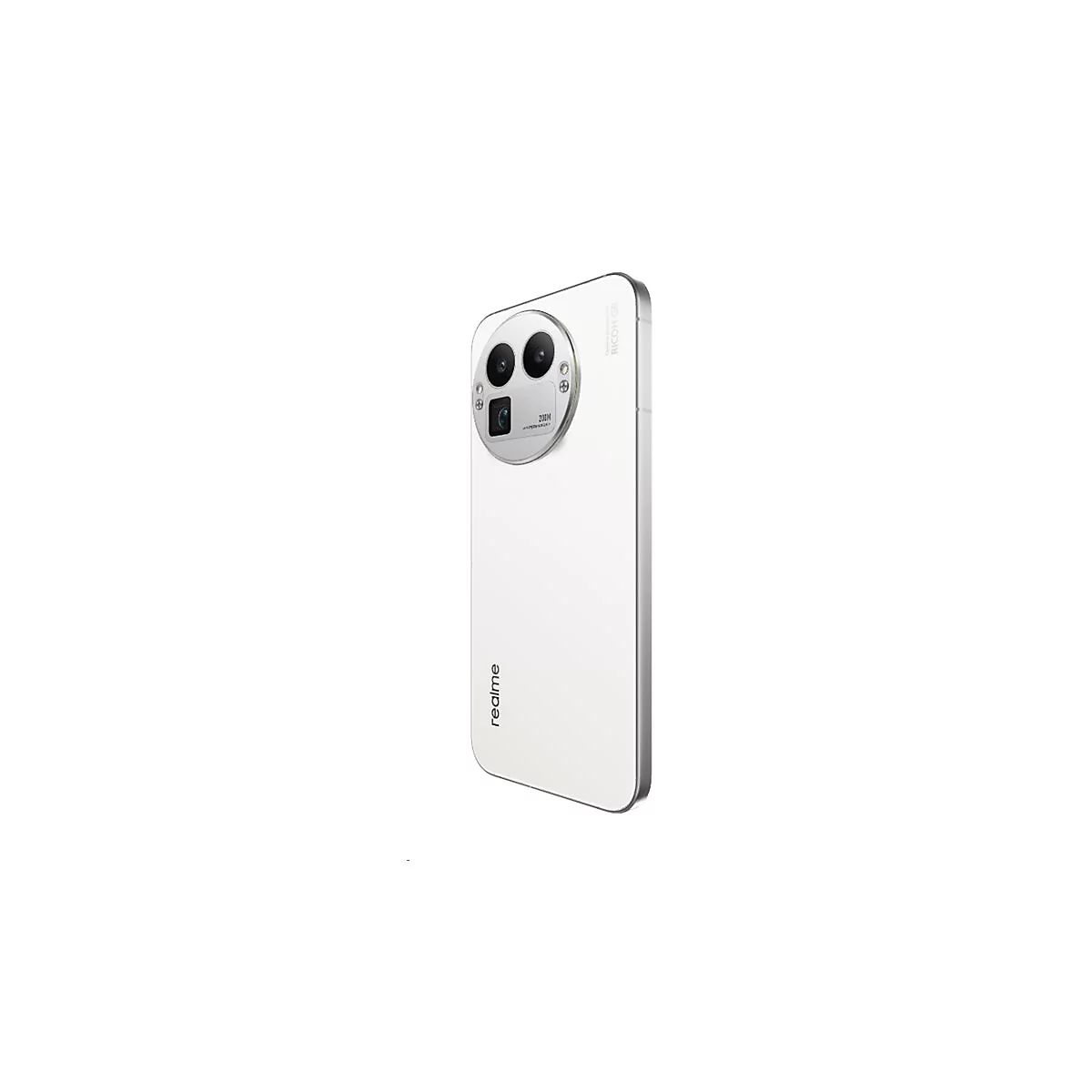 Weißes Realme Smartphone von schräg hinten mit großem, rundem Kameramodul auf der Rückseite.