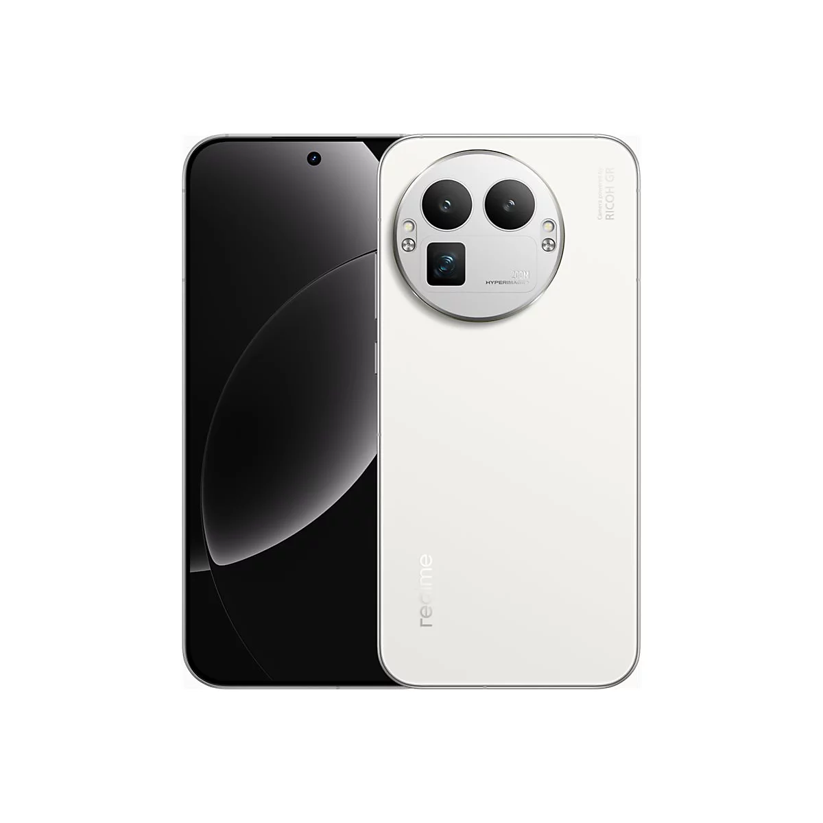 Weißes Smartphone mit drei Kameras, Marke Realme, schwarzer Bildschirm, auf weißem Hintergrund.