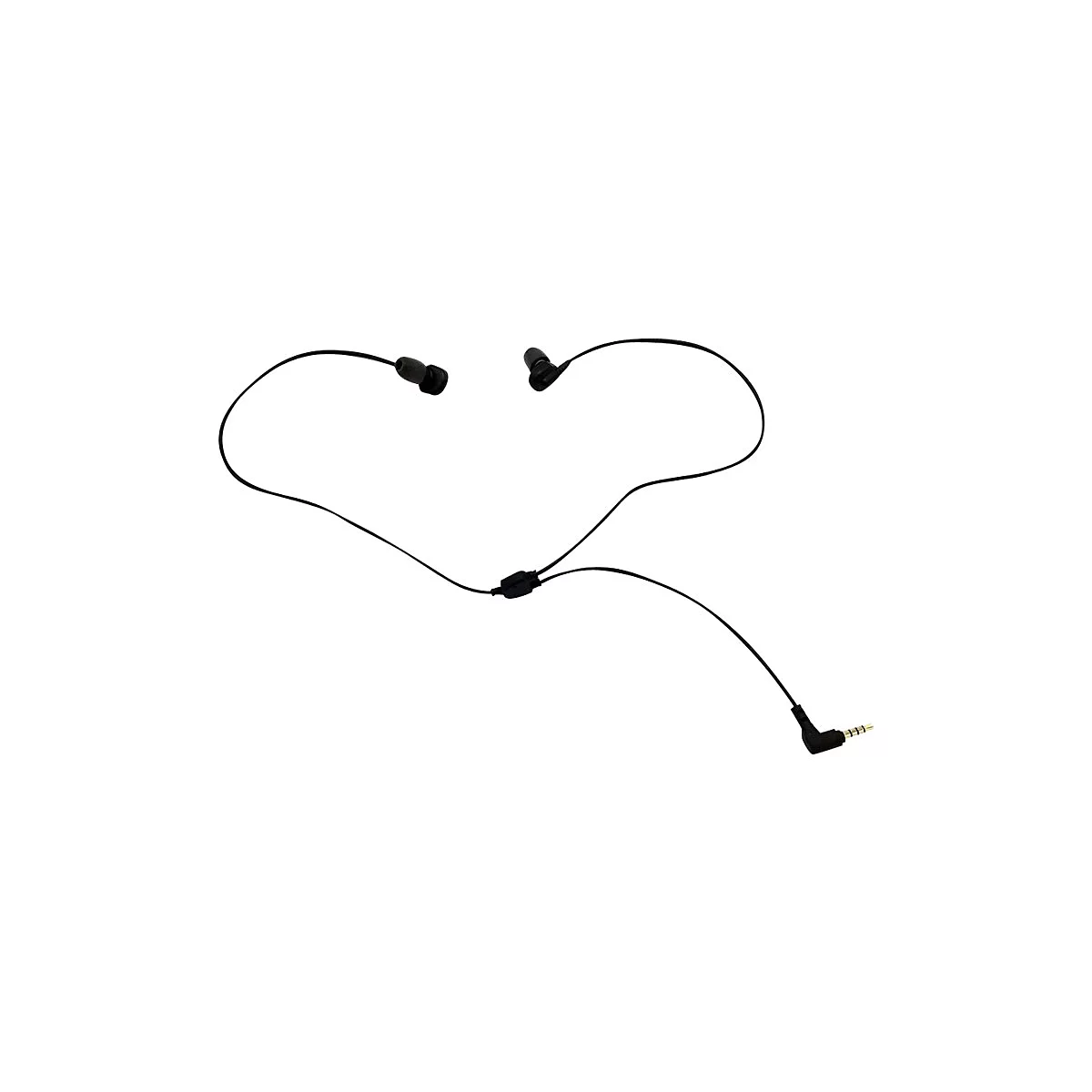 Schwarze In-Ear-Kopfhörer mit Kabel und gewinkeltem Klinkenstecker vor weißem Hintergrund.