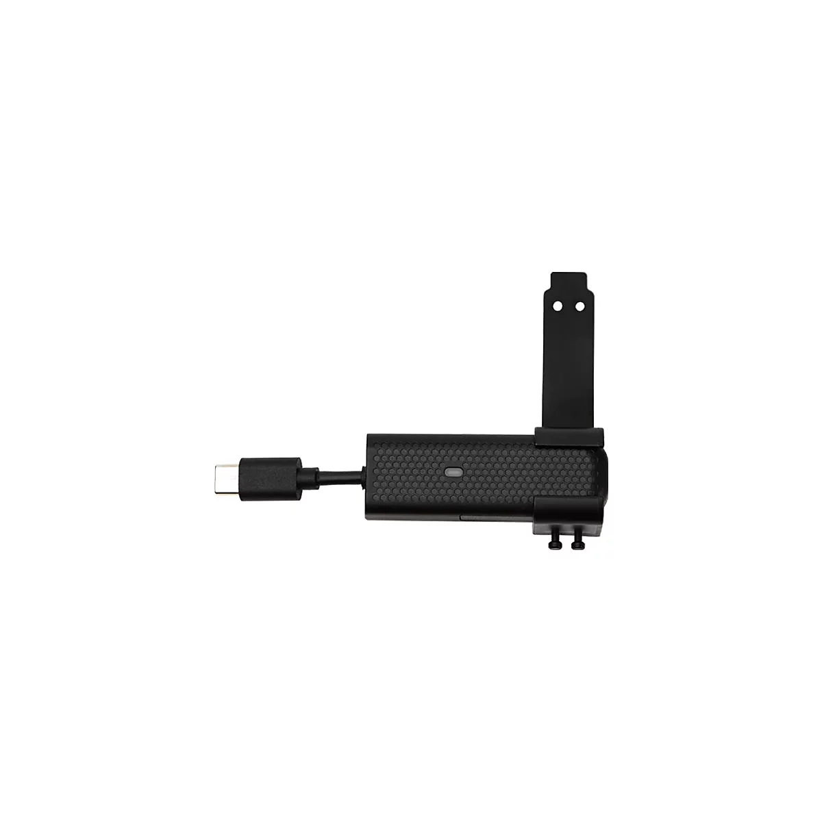 Schwarzer USB-C-Adapter mit Wabenstruktur und senkrechter Halterung vor weißem Hintergrund.