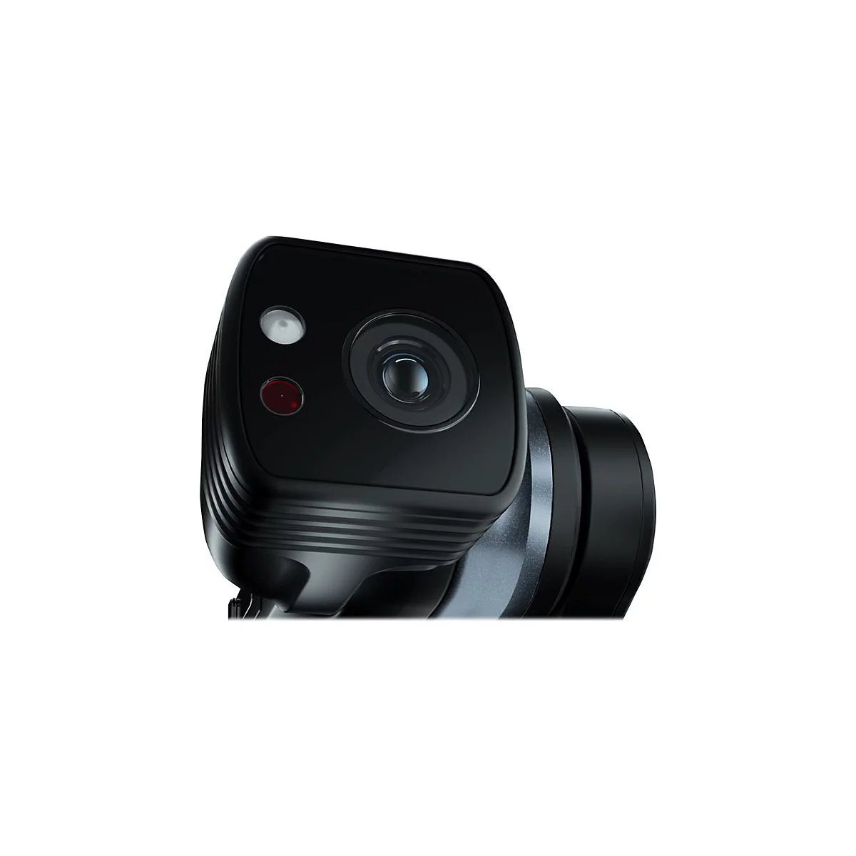 Schwarze Webcam, Detailansicht. Mit Linse, roter und weiÃŸer LED, und Anschluss.