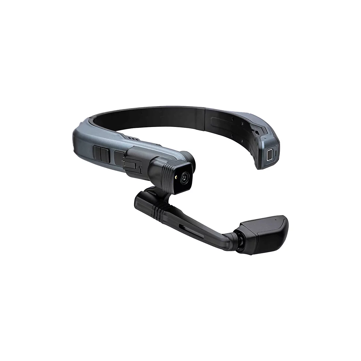 Schwarzes, graues Headset mit Kamera, Mikrofon und Bildschirm, fÃ¼r Virtual-Reality-Anwendungen. Auf weiÃŸem Hintergrund.