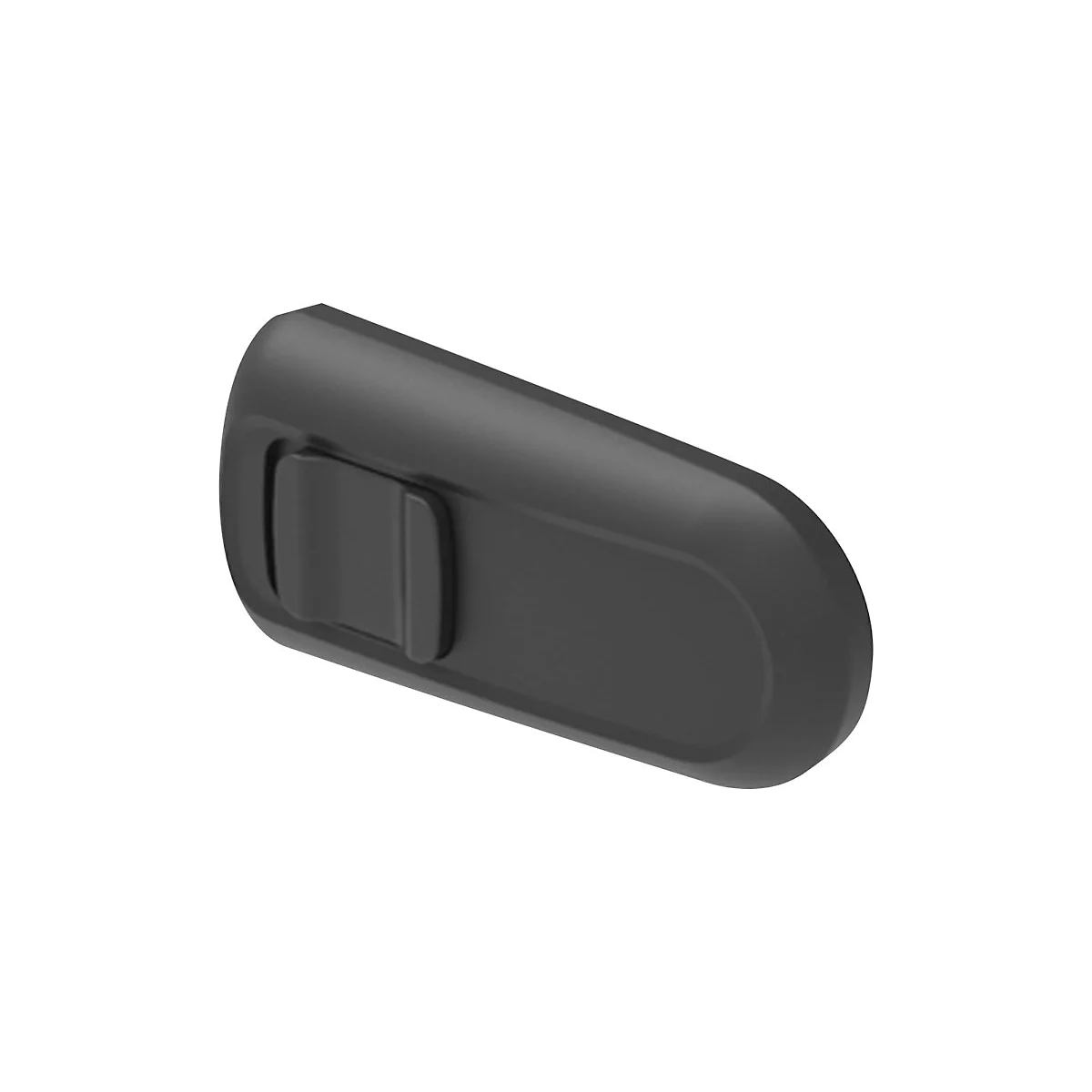 Ein graues Kunststoffteil mit einem rechteckigen Clip. Das Teil hat eine lÃ¤ngliche Form mit abgerundeten Kanten.