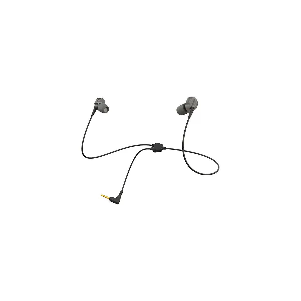 Dunkelgraue In-Ear-KopfhÃ¶rer, Stecker, Kabel, Steuerung.