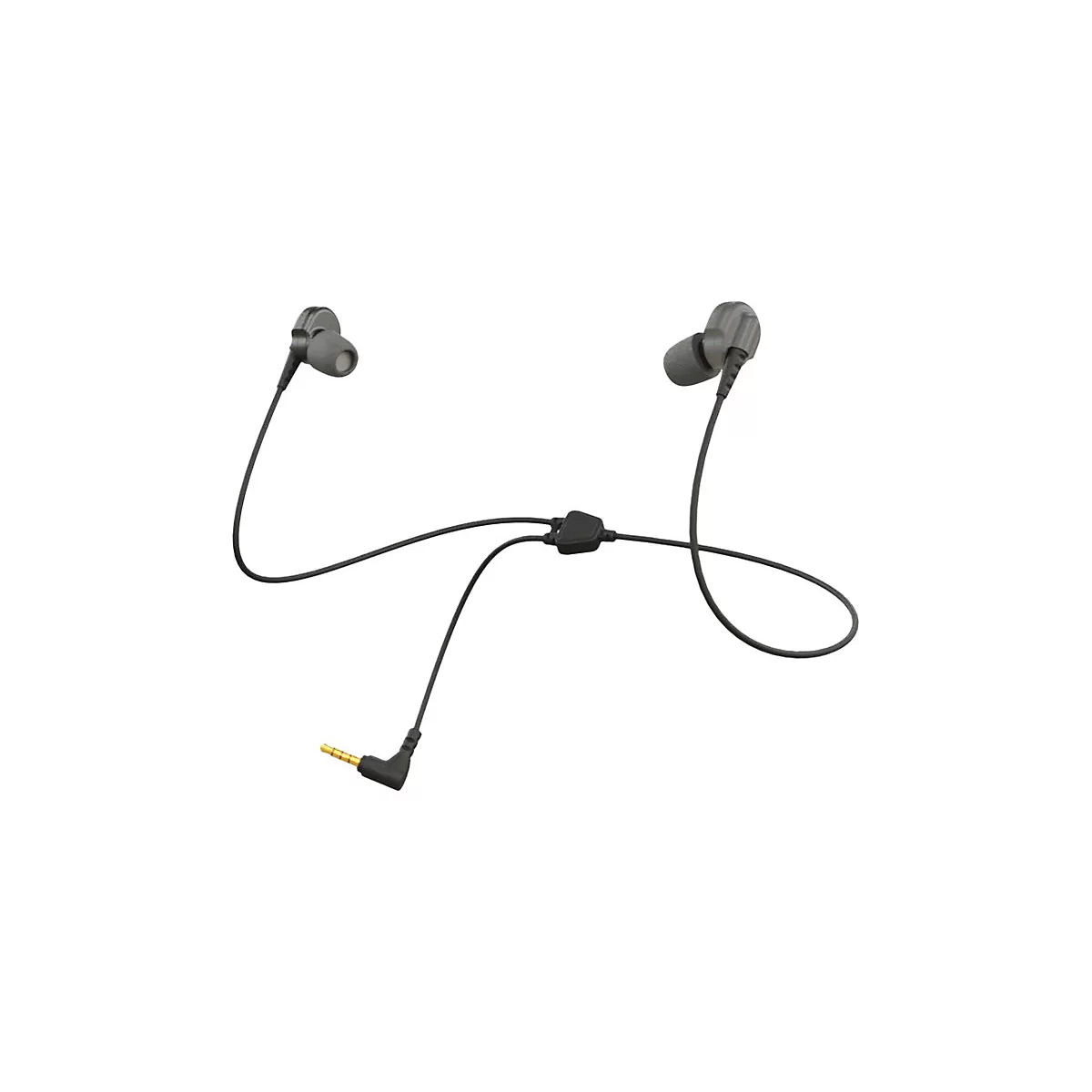Écouteurs intra-auriculaires gris foncé avec câble noir et prise dorée. Sur fond blanc.