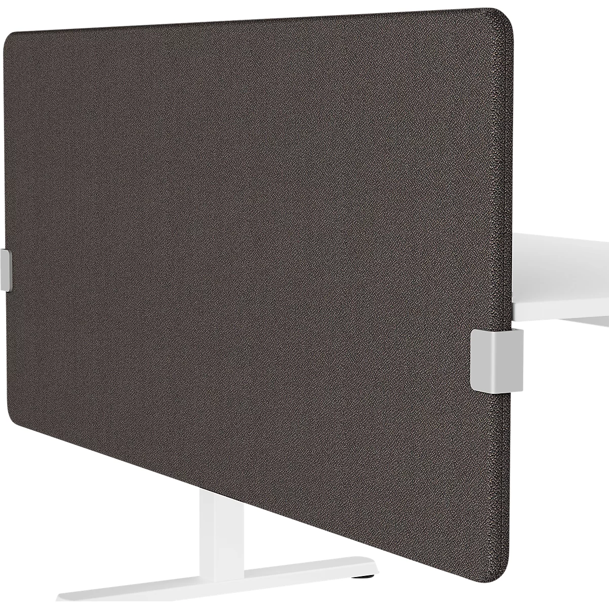 Dark gray office partition attached to a white table with white brackets.