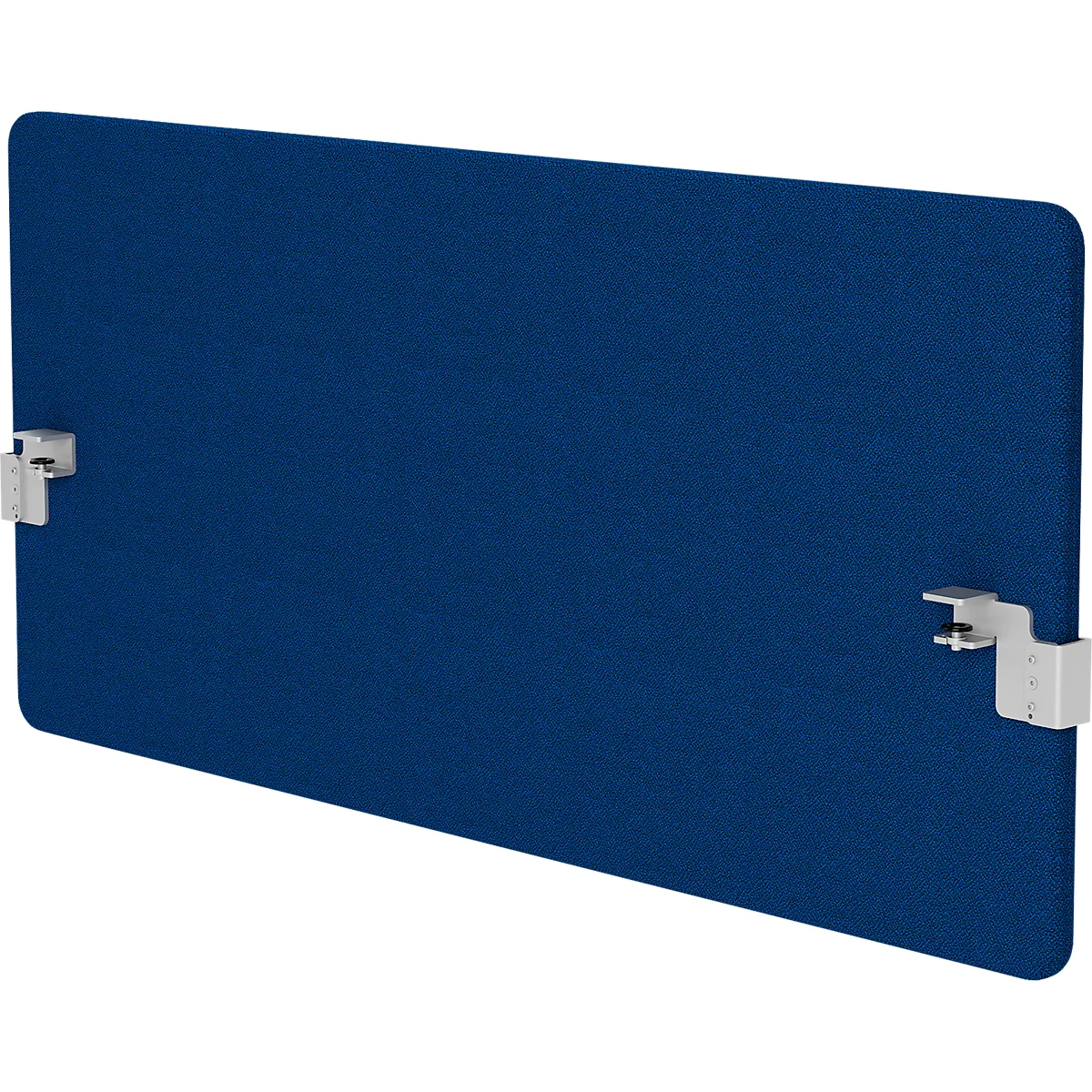 A rectangular blue acoustic screen with two white brackets. The corners are rounded.