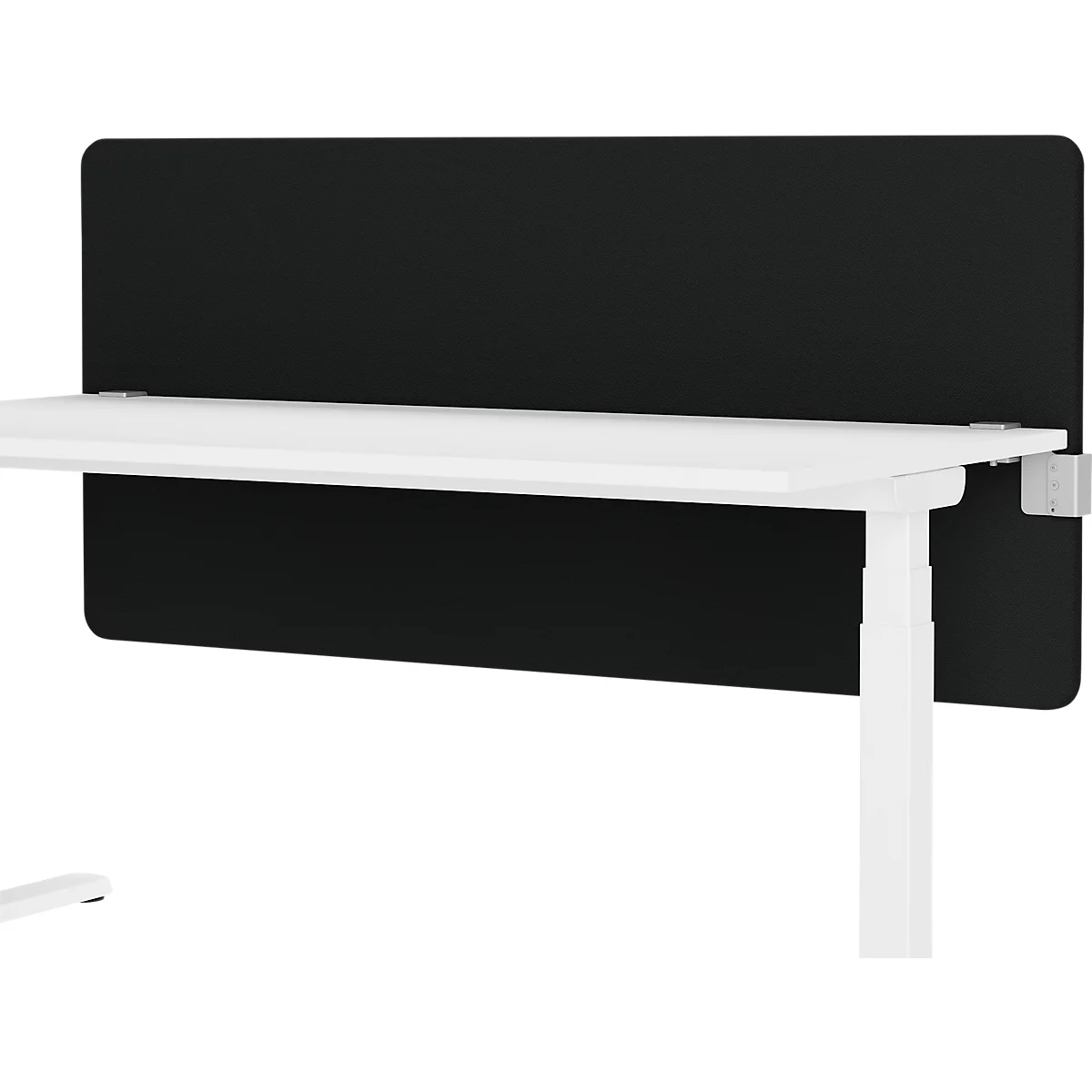 Desk with black screen, white table and metal bracket.