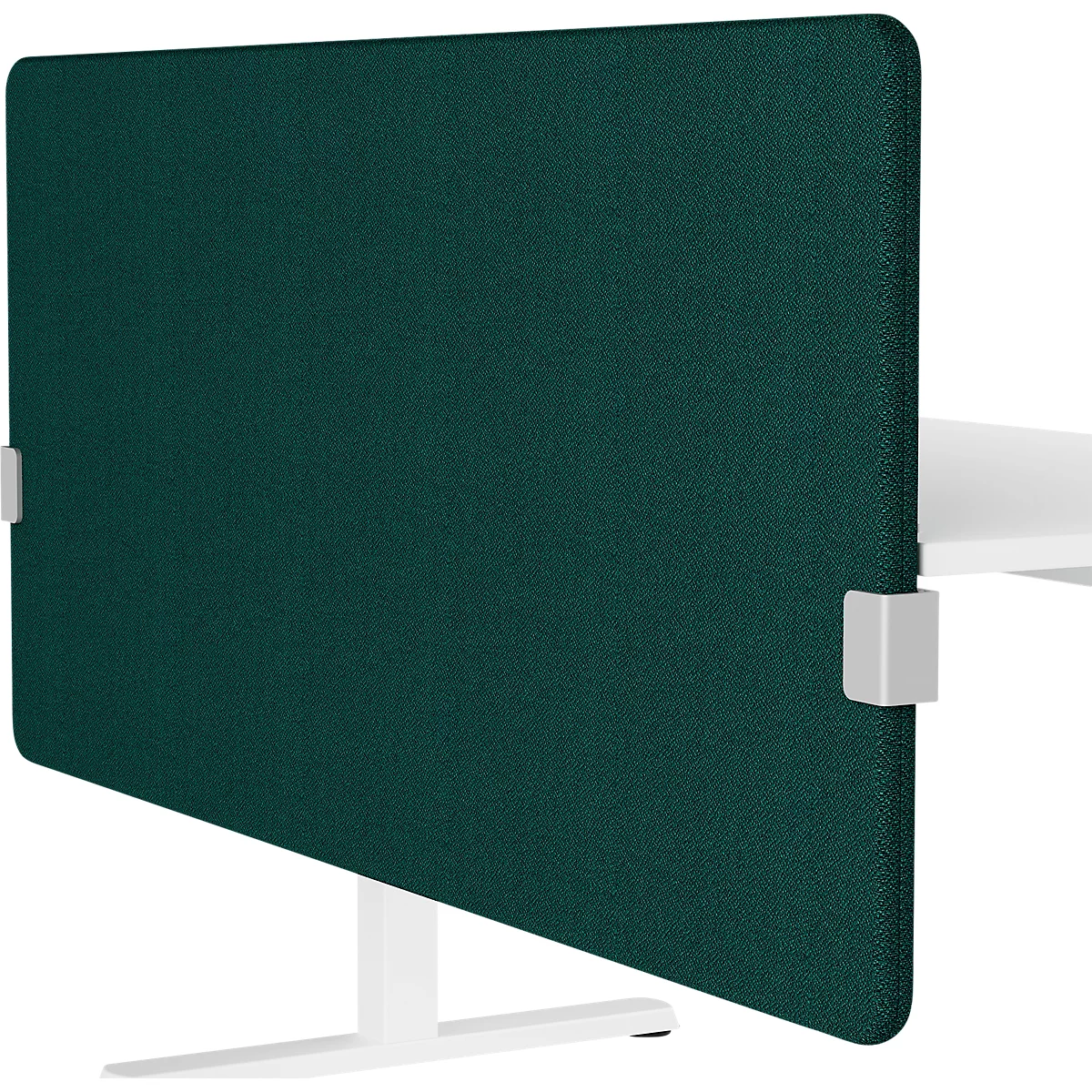 Dark green desk partition, attached to a white table top. Rectangular shape, white bracket.
