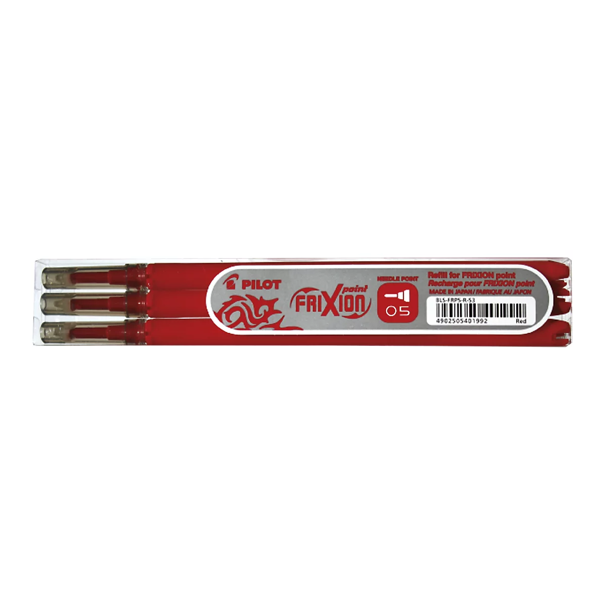 Recargas Pilot FriXion rojas en embalaje de plástico. Impreso con el nombre del producto y código de barras.